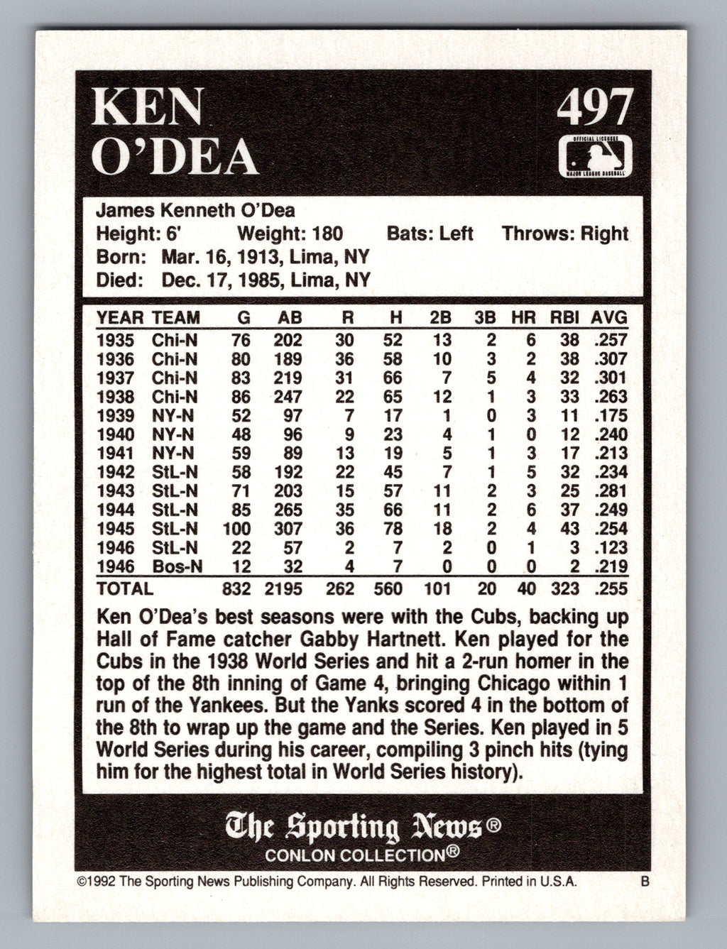 1992 Conlon Collection TSN #497 Ken O'Dea
