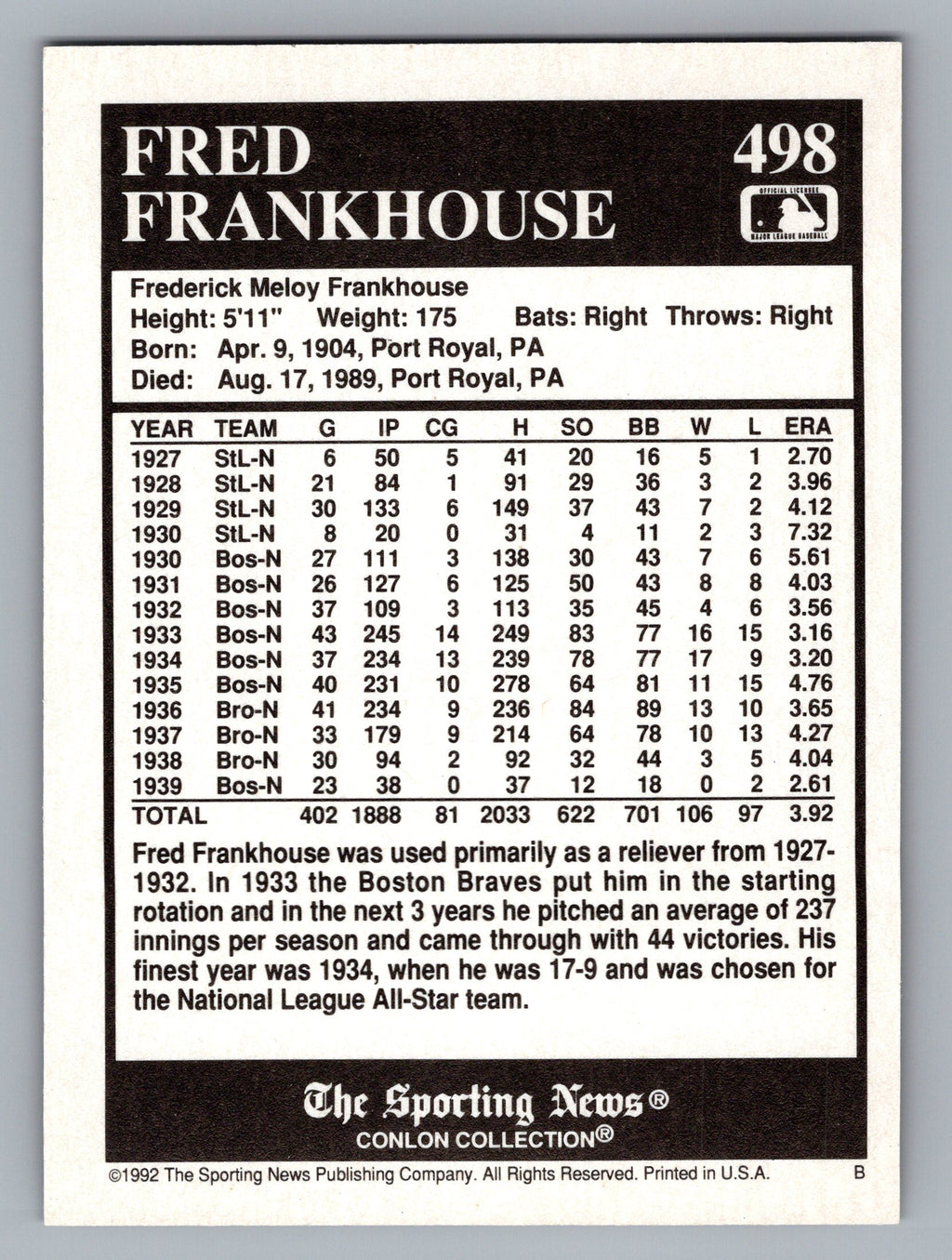 1992 Conlon Collection TSN #498 Fred Frankhouse