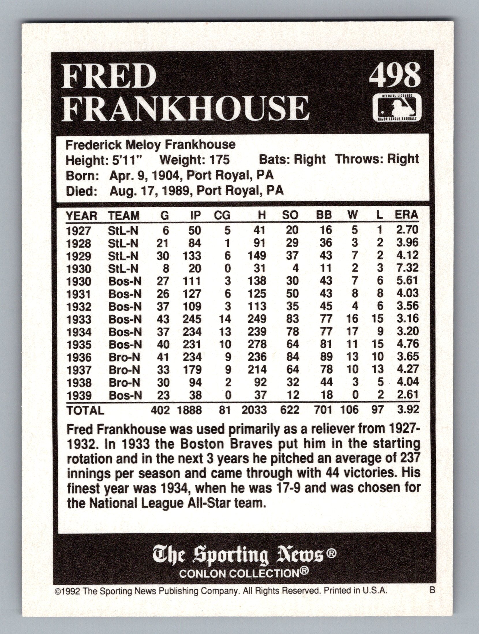 1992 Conlon Collection TSN #498 Fred Frankhouse
