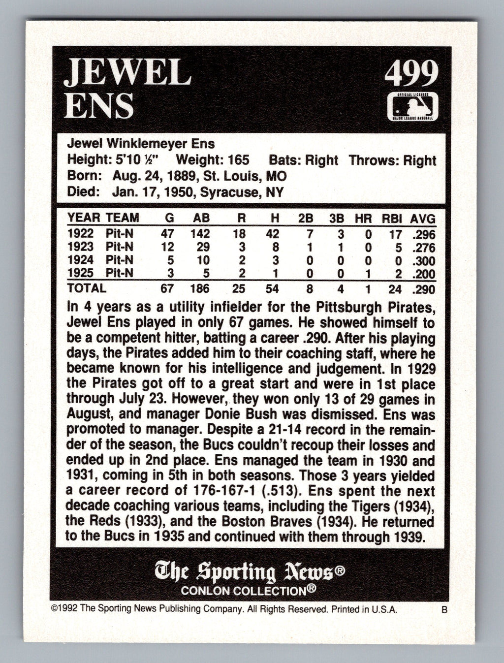 1992 Conlon Collection TSN #499 Jewel Ens