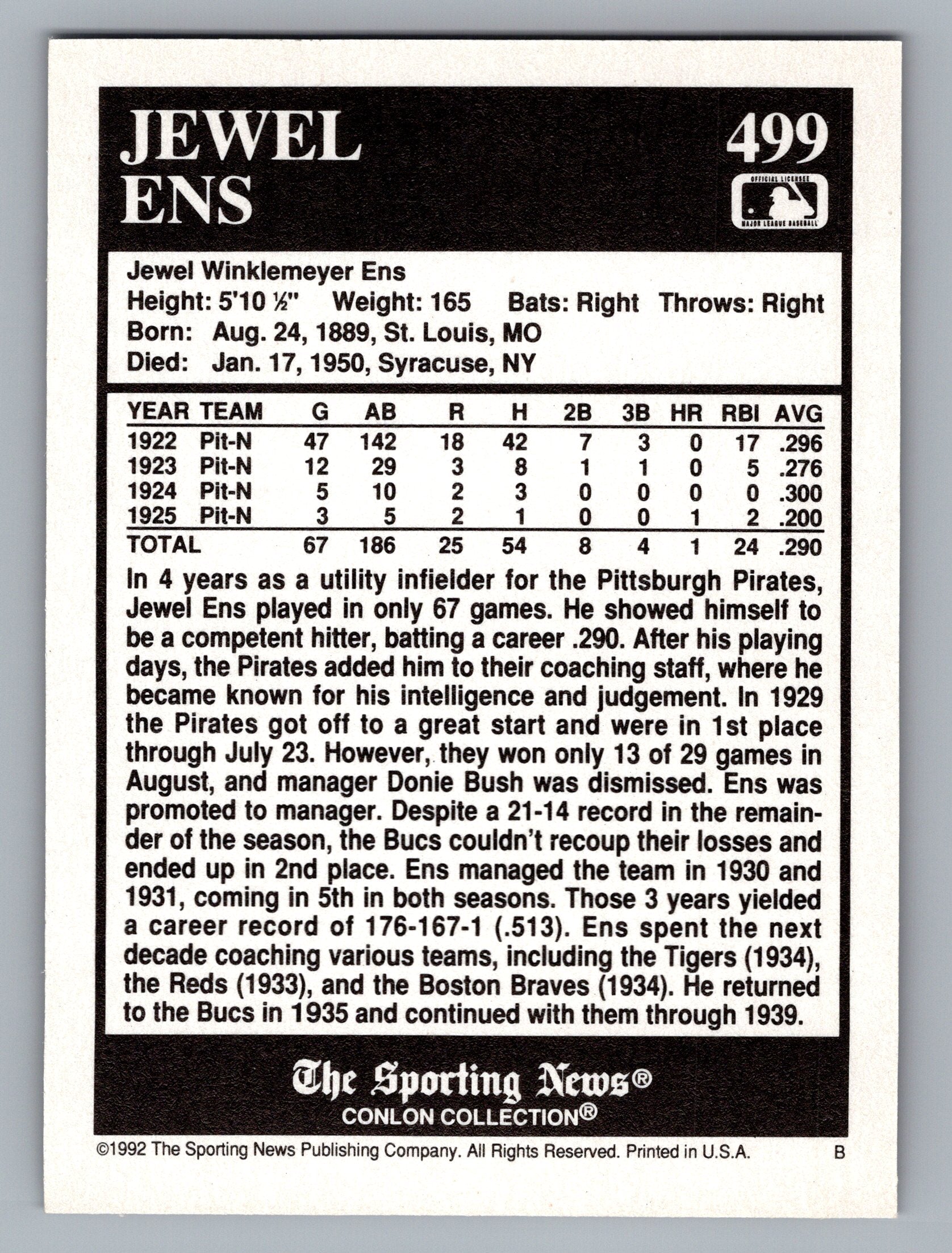 1992 Conlon Collection TSN #499 Jewel Ens