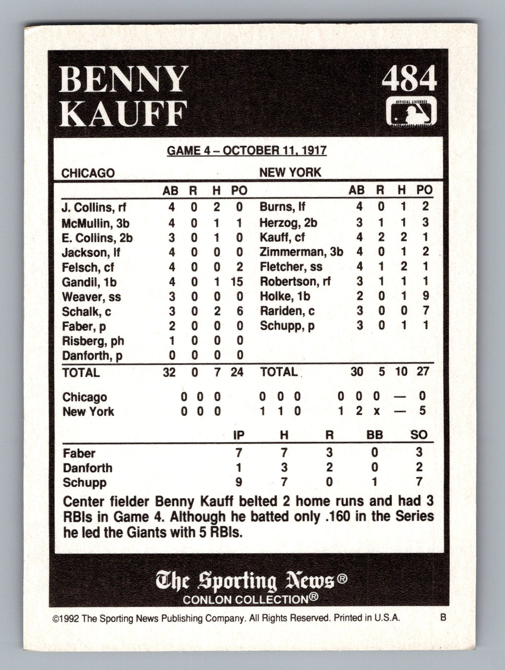 1992 Conlon Collection TSN #484 Benny Kauff