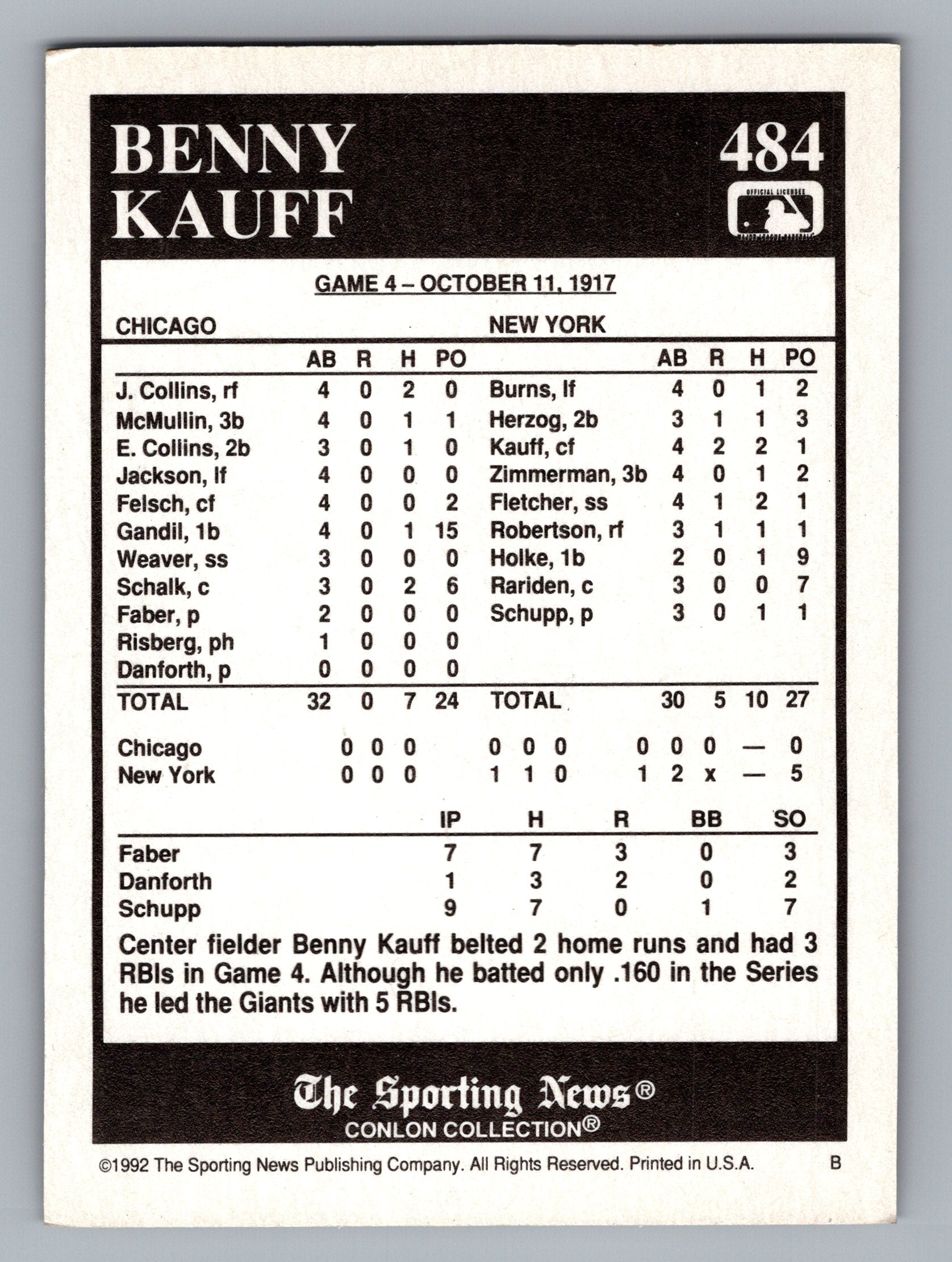1992 Conlon Collection TSN #484 Benny Kauff
