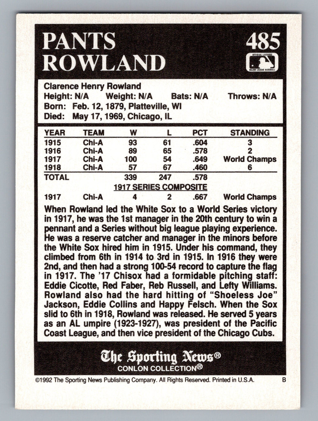 1992 Conlon Collection TSN #485 Pants Rowland