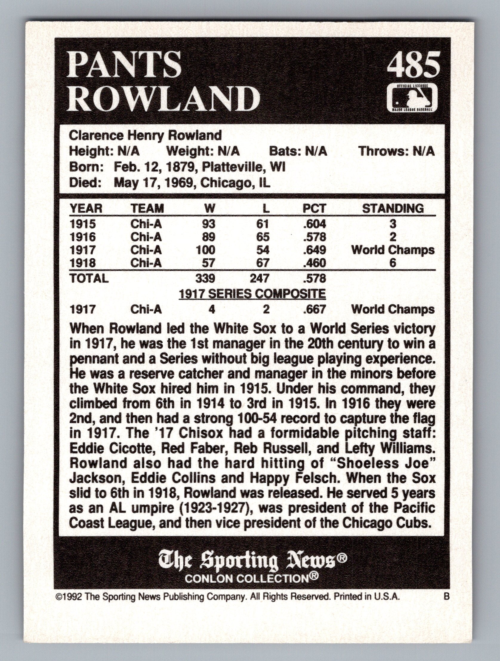 1992 Conlon Collection TSN #485 Pants Rowland
