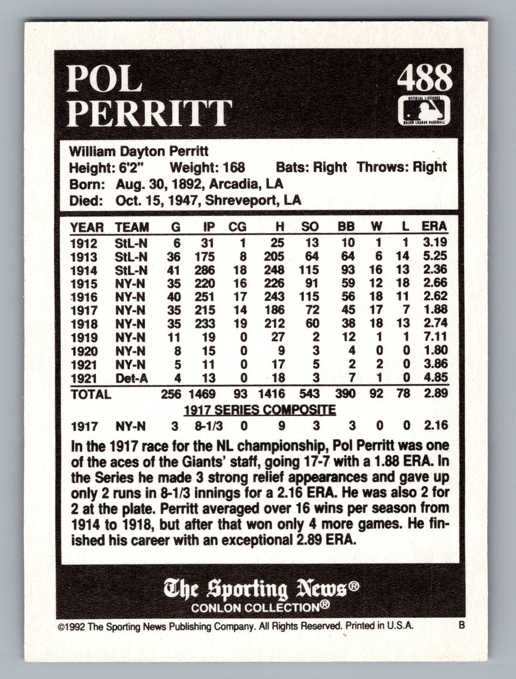 1992 Conlon Collection TSN #488 Pol Perritt