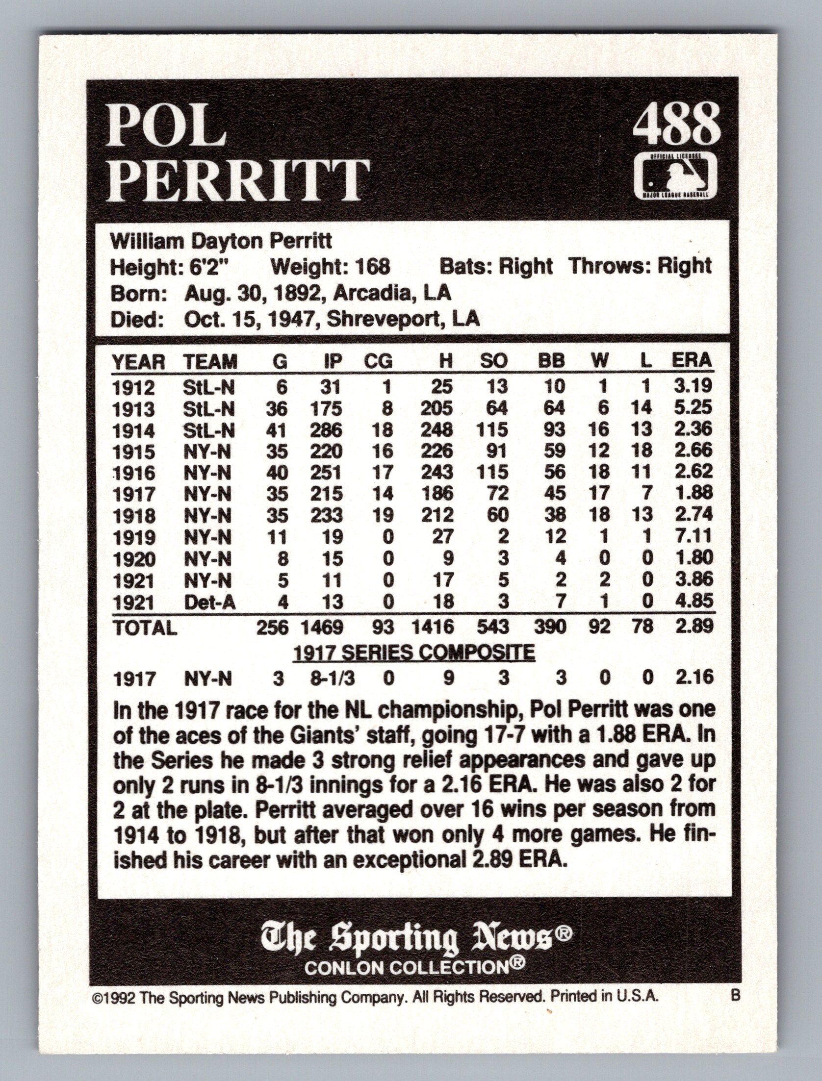 1992 Conlon Collection TSN #488 Pol Perritt
