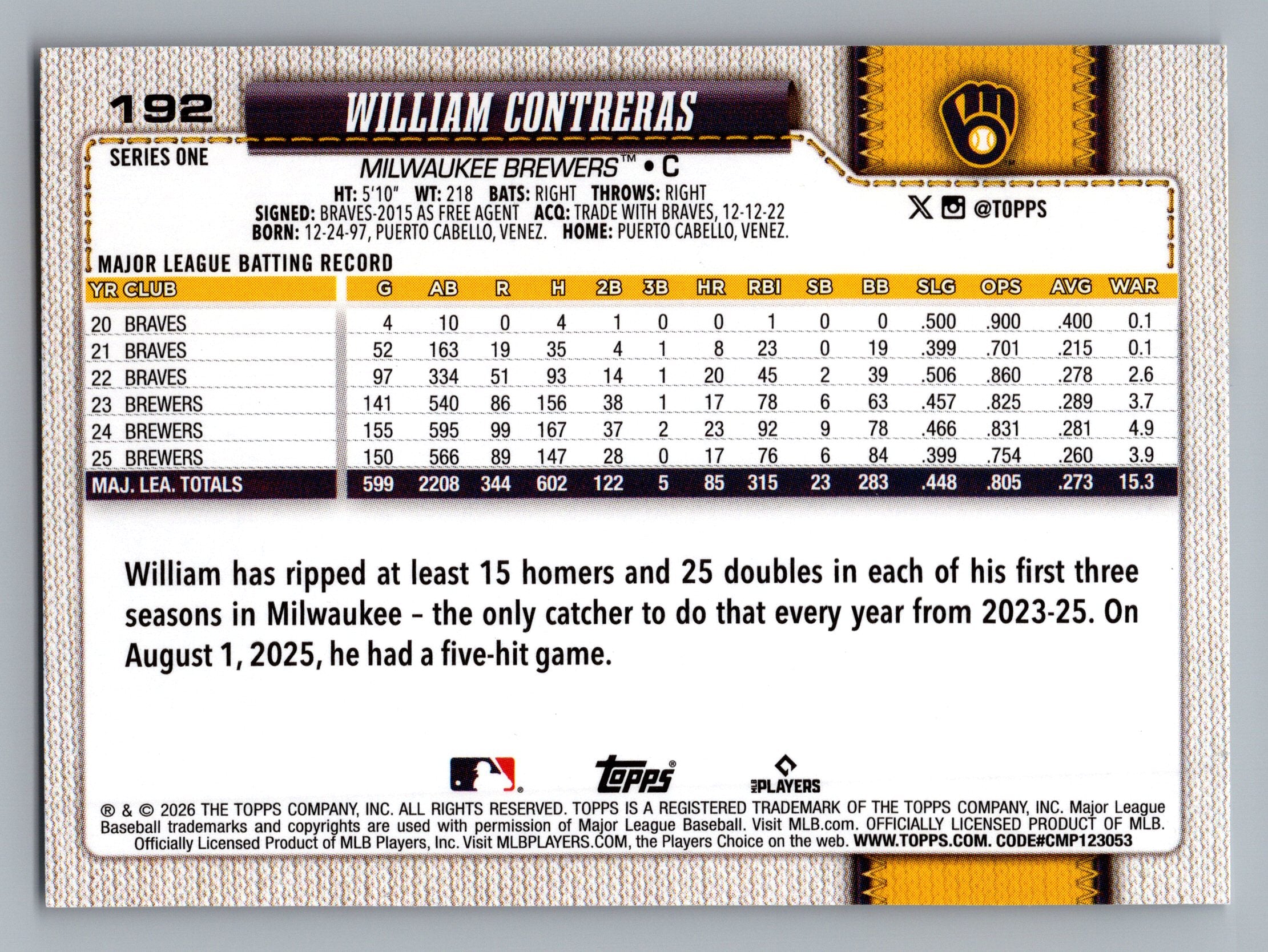 2026 Topps #192 William Contreras