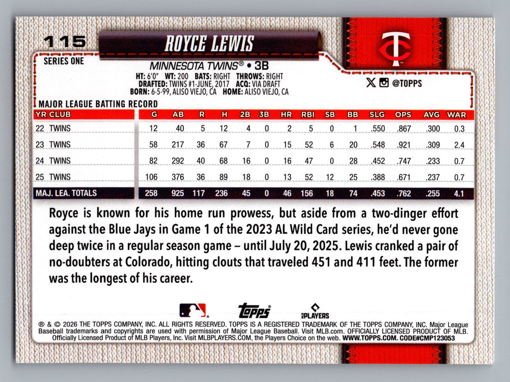 2026 Topps #115 Royce Lewis