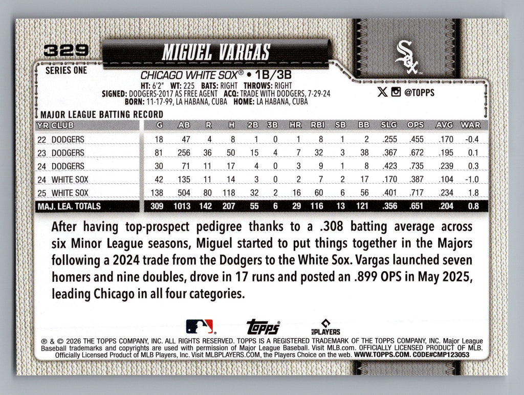 2026 Topps #329 Miguel Vargas