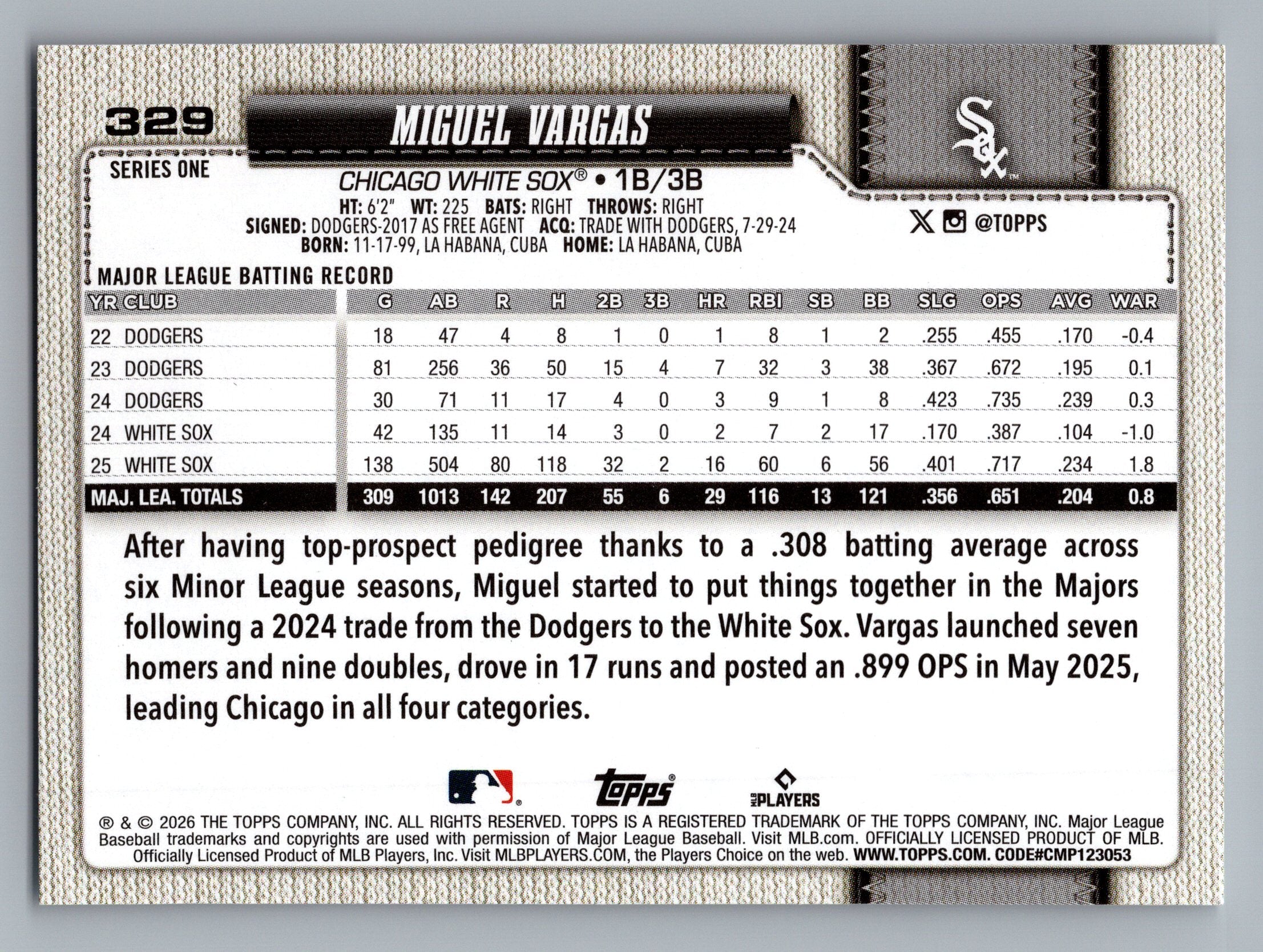 2026 Topps #329 Miguel Vargas
