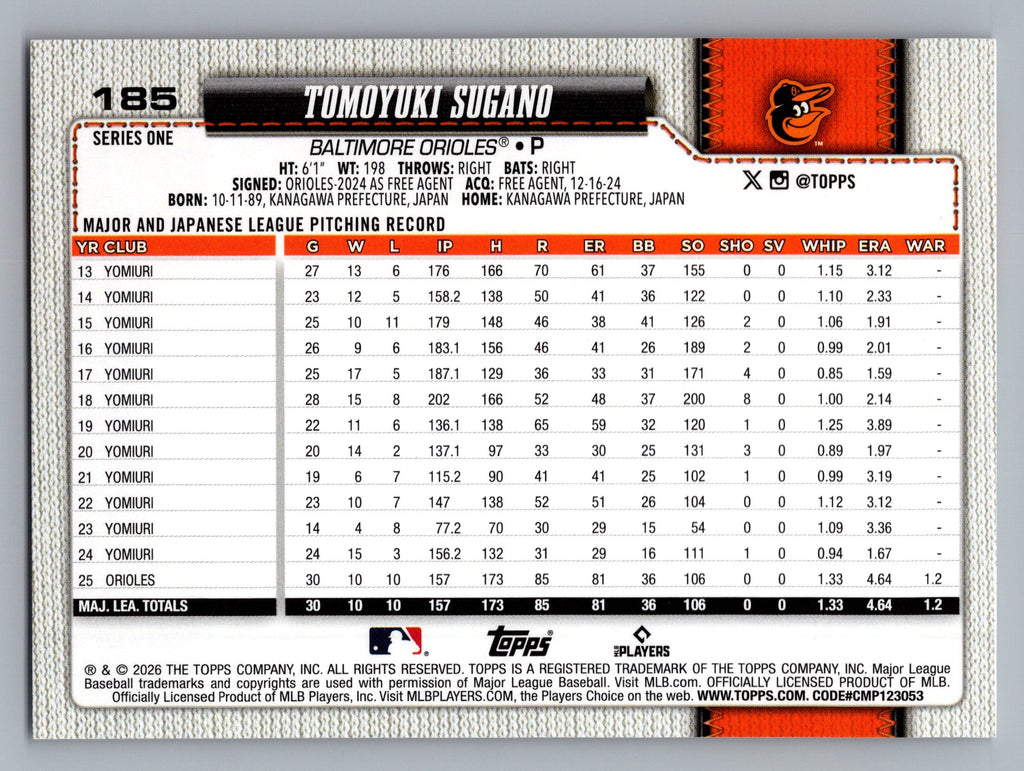 2026 Topps #185 Tomoyuki Sugano