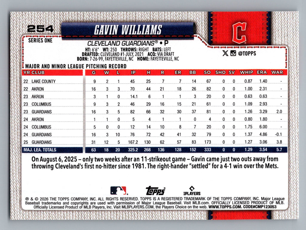 2026 Topps #254 Gavin Williams