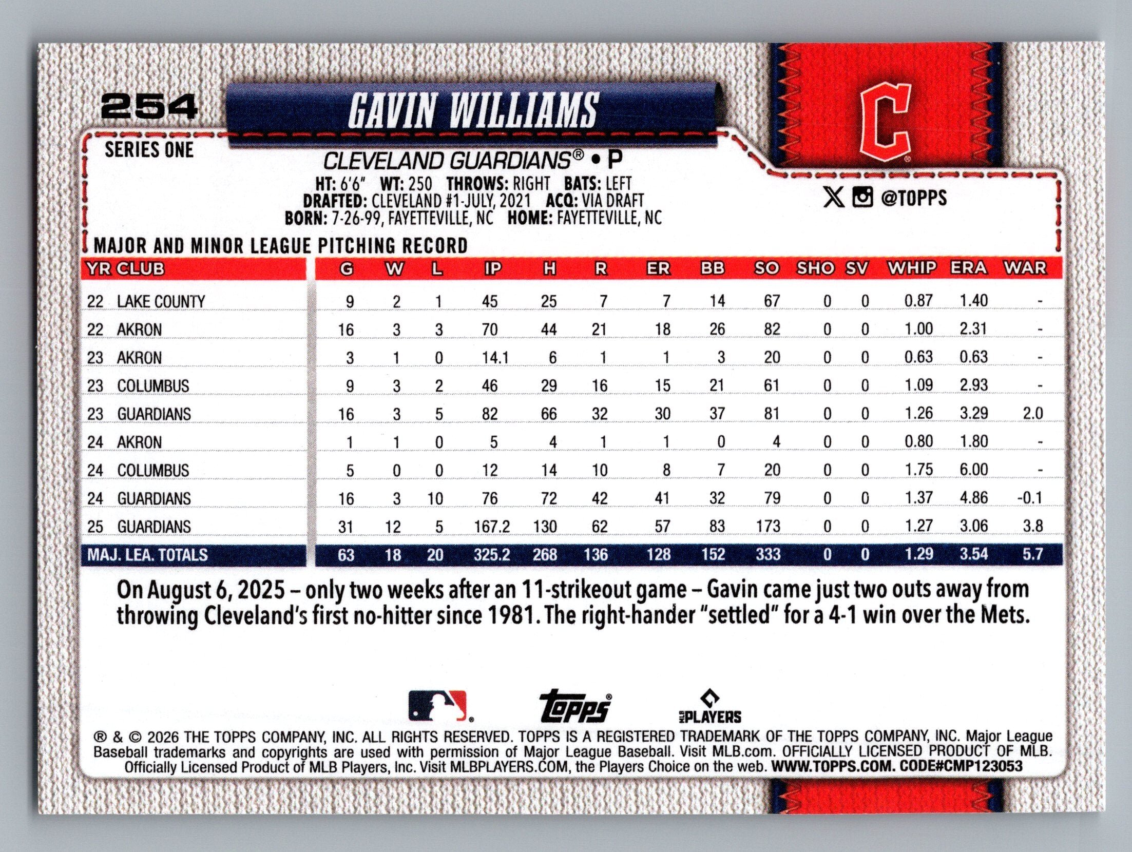 2026 Topps #254 Gavin Williams