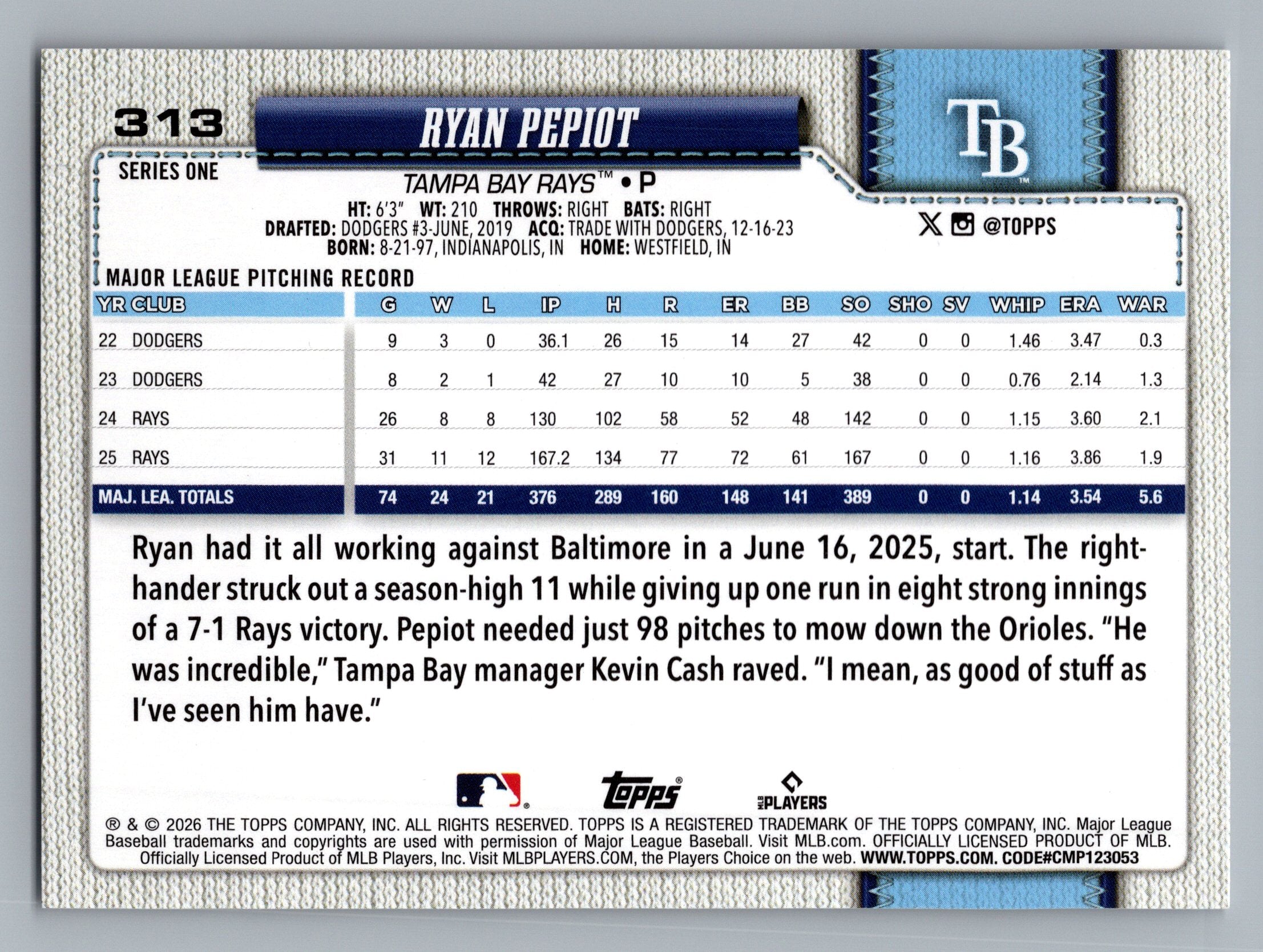 2026 Topps #313 Ryan Pepiot