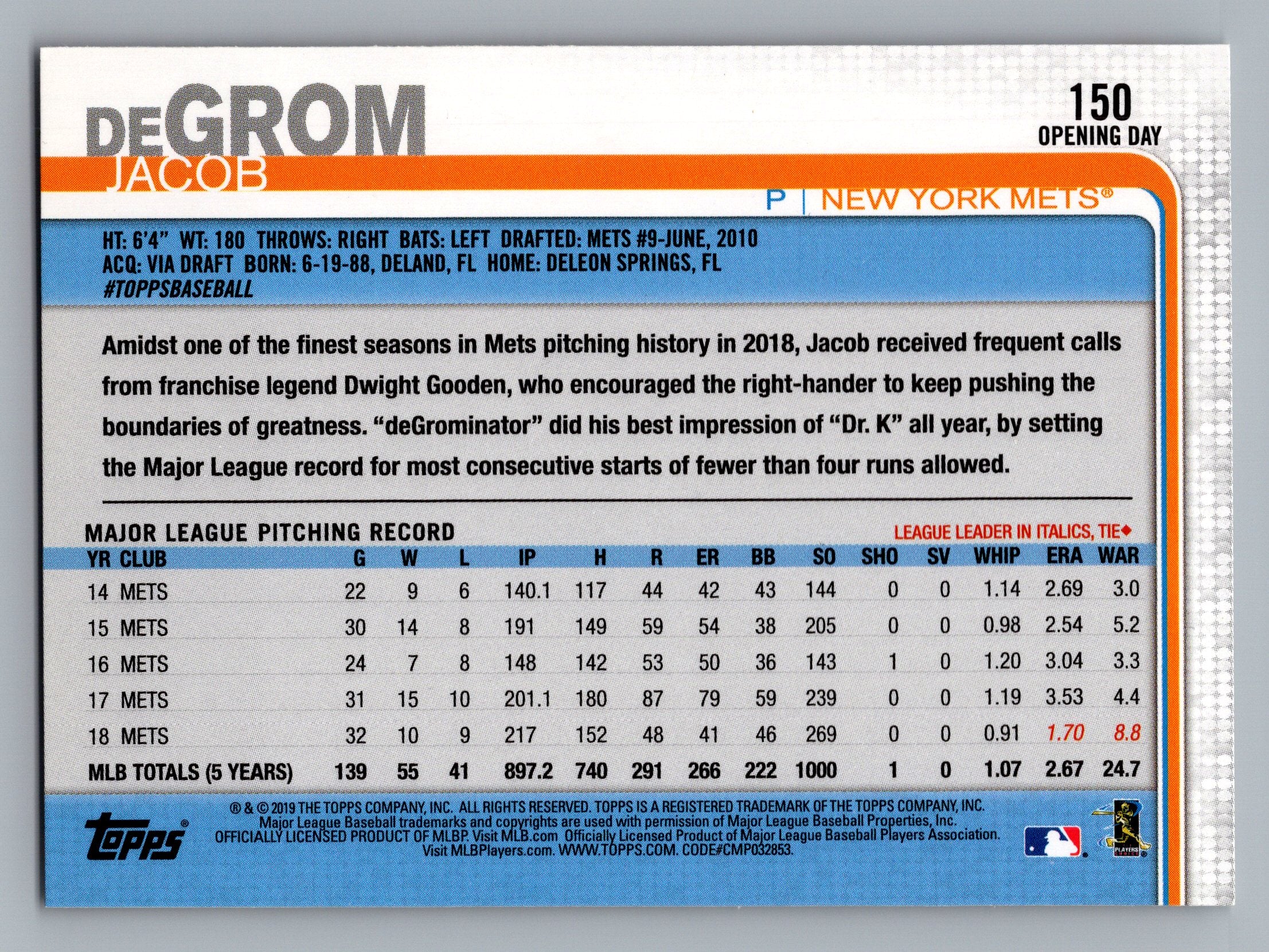 2019 Topps Opening Day #150 Jacob deGrom