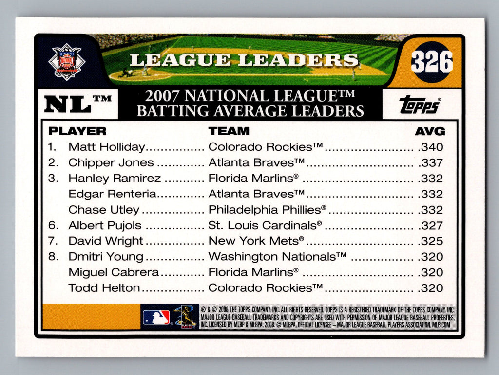 2008 Topps #326 NL Leaders: Batting Average (Holliday / Jones / Ramirez)