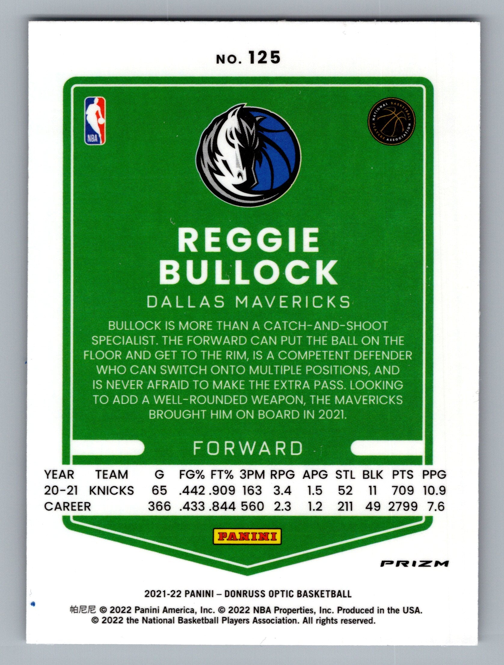 2021-22 Donruss Optic #125 Reggie Bullock Holo