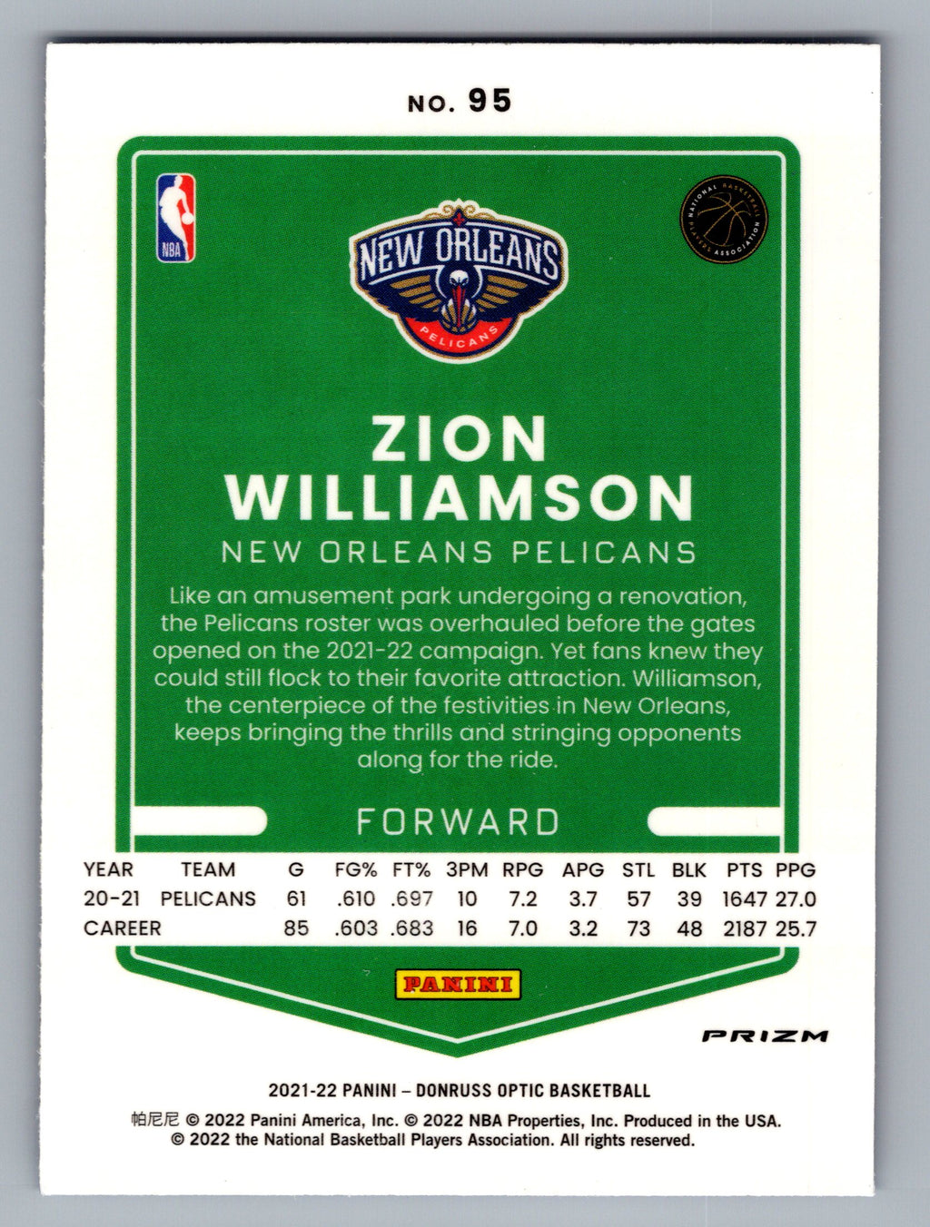2021-22 Donruss Optic #95 Zion Williamson Blue Velocity