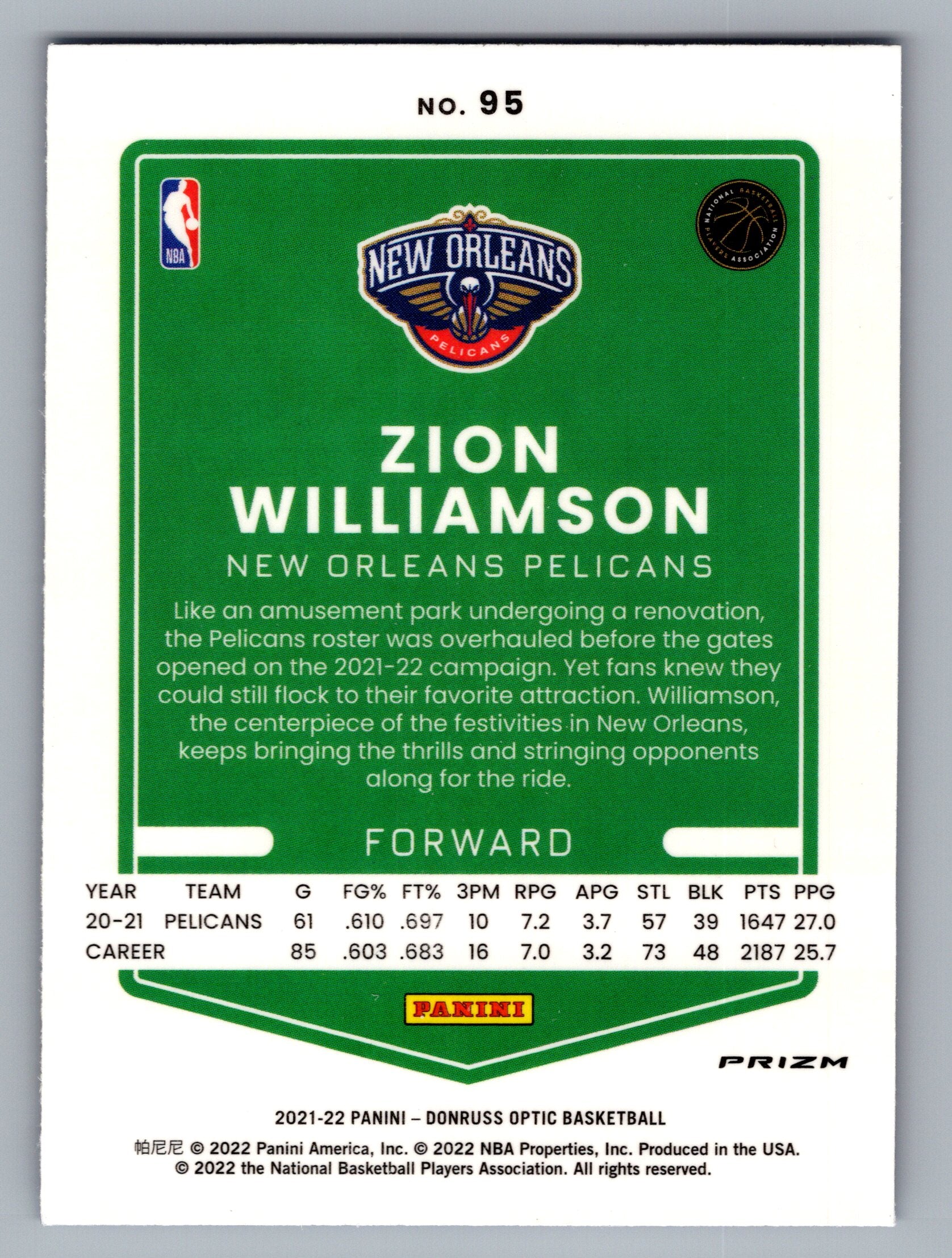 2021-22 Donruss Optic #95 Zion Williamson Blue Velocity