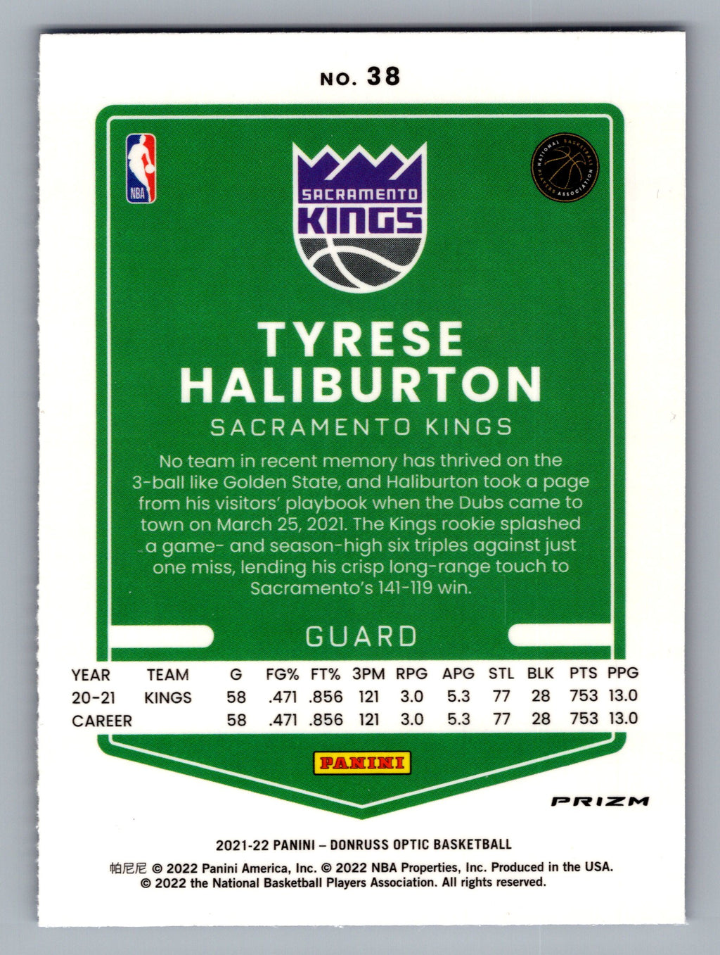 2021-22 Donruss Optic #38 Tyrese Haliburton Blue Velocity