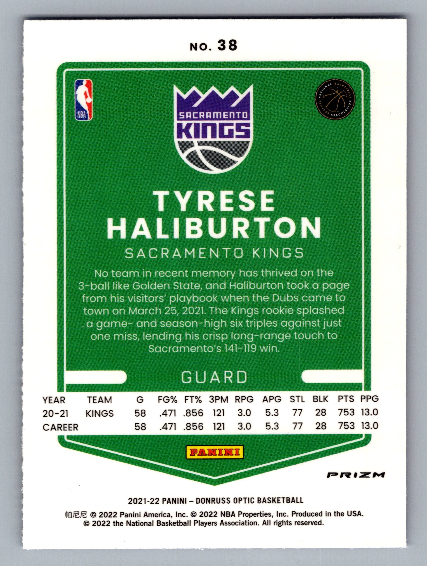 2021-22 Donruss Optic #38 Tyrese Haliburton Blue Velocity