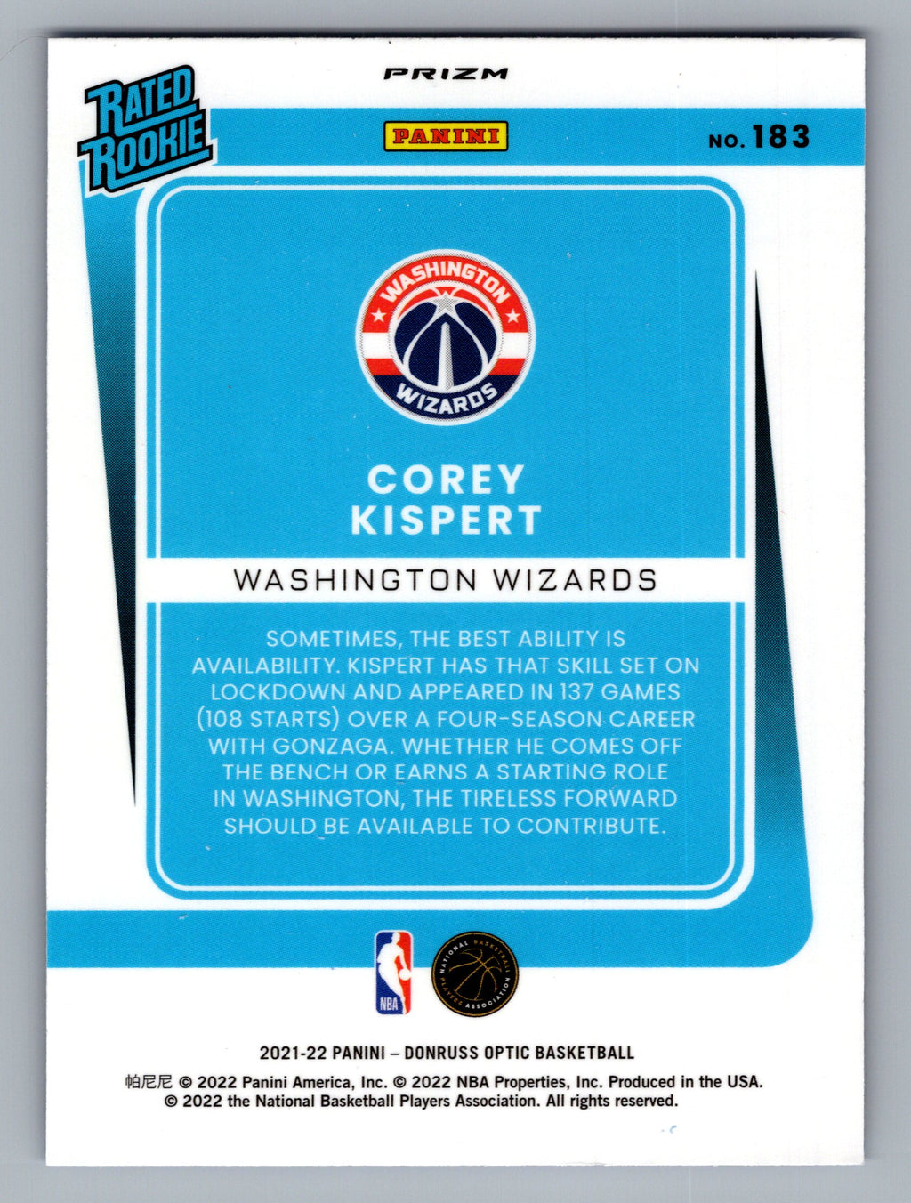 2021-22 Donruss Optic #183 Corey Kispert Blue Velocity