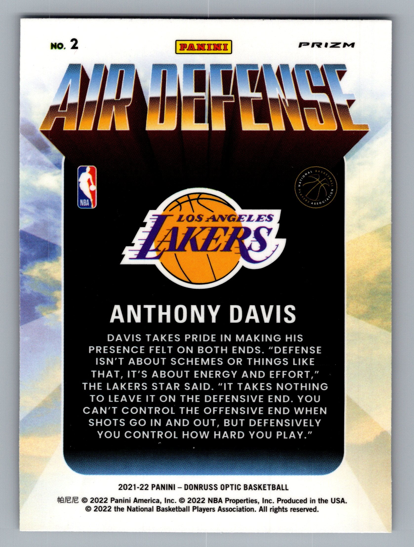 2021-22 Donruss Optic #2 Anthony Davis Air Defense Purple