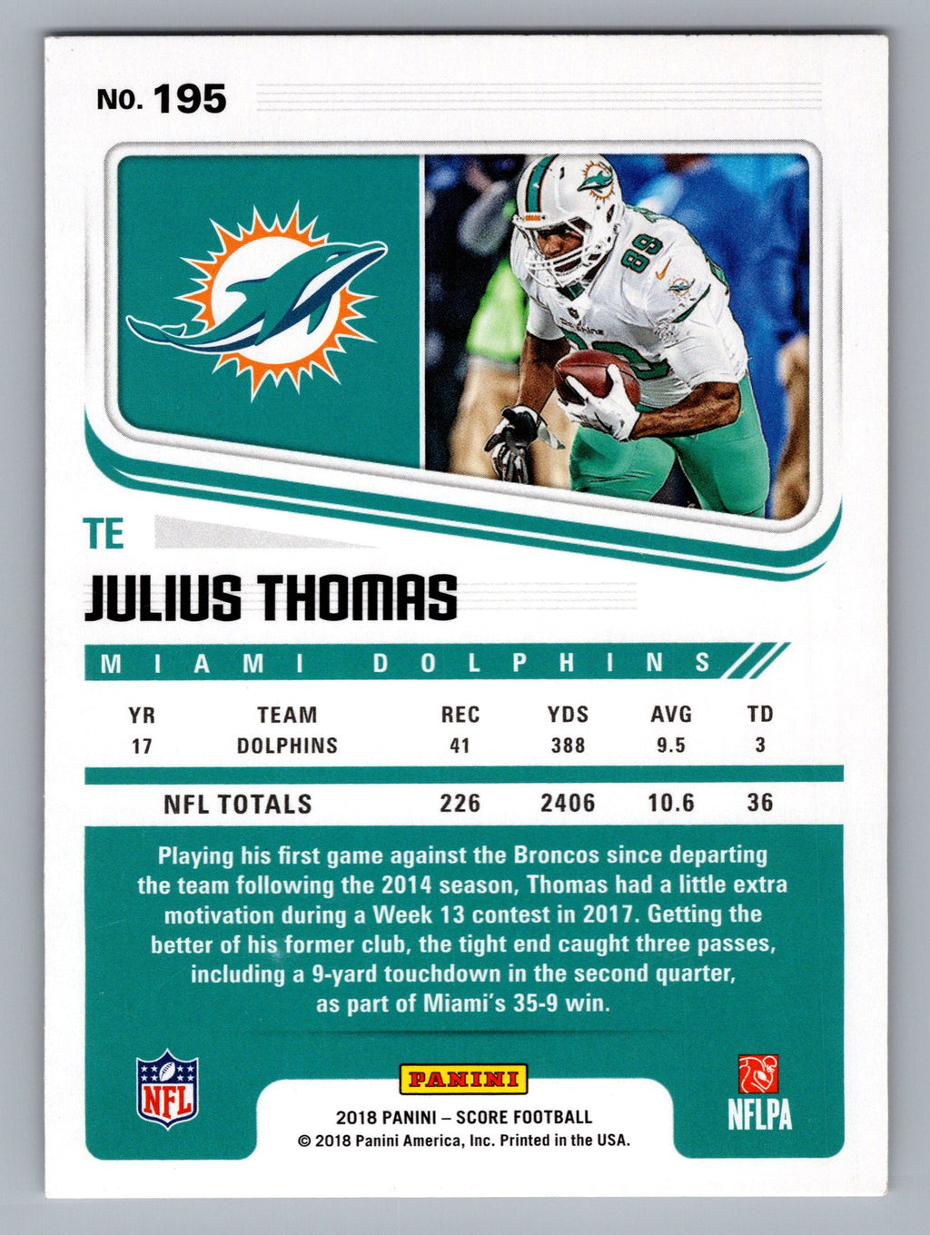 2018 Score #195 Julius Thomas Scorecard