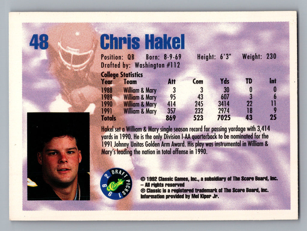 1992 Classic Draft Picks #48 Chris Hakel