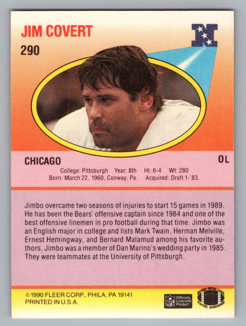 1990 Fleer #290b Jim Covert no black line above text on back