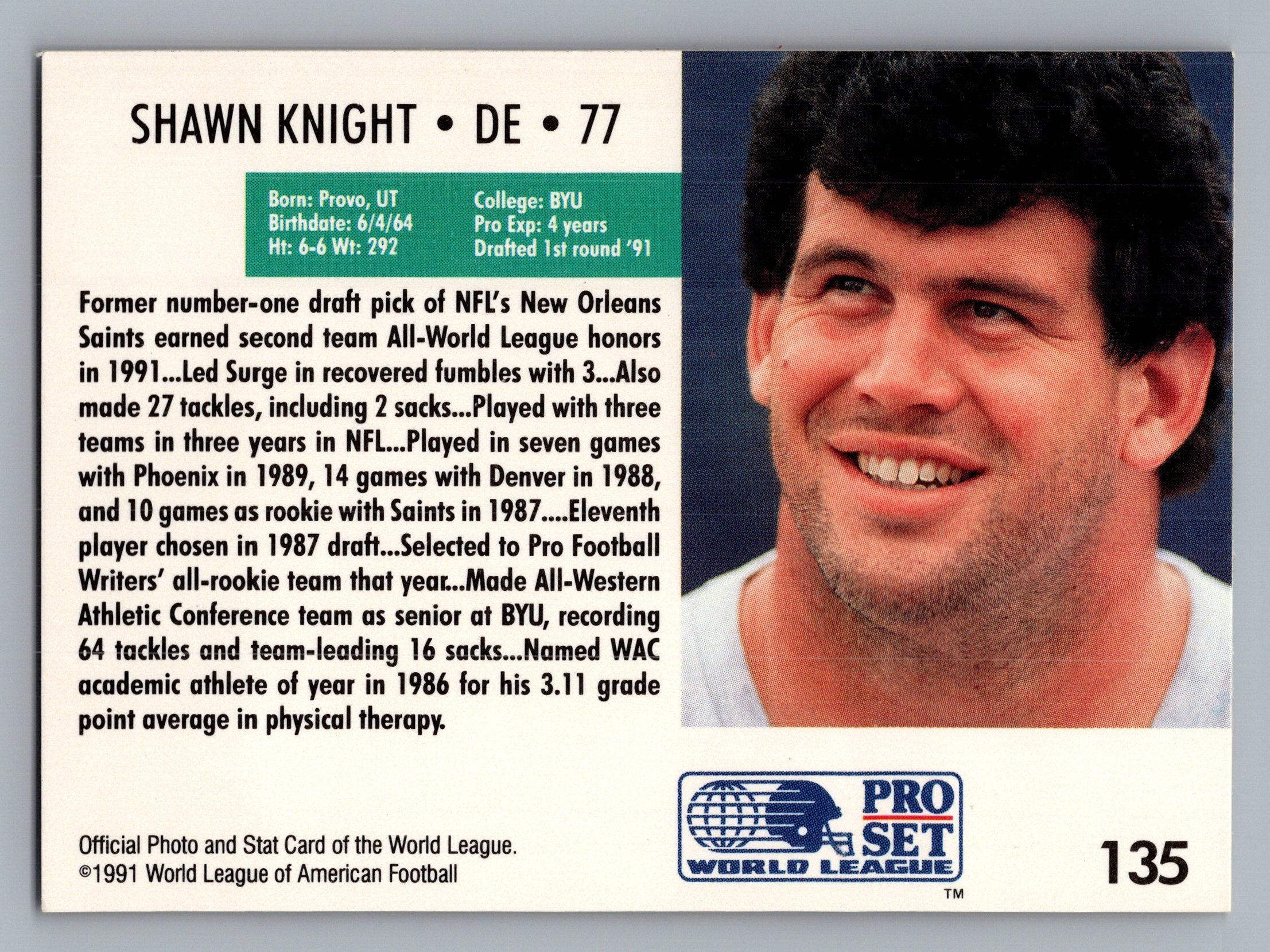 1991 Pro Set WLAF #135 Shawn Knight