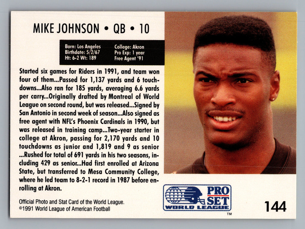 1991 Pro Set WLAF #144 Mike Johnson