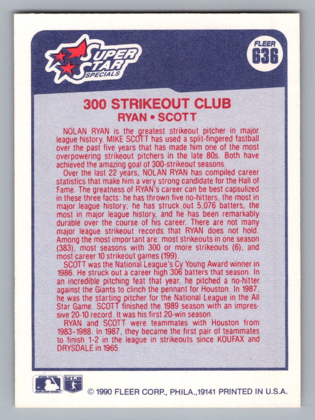 1990 Fleer #636 300 Strikeout Club (Nolan Ryan / Mike Scott)
