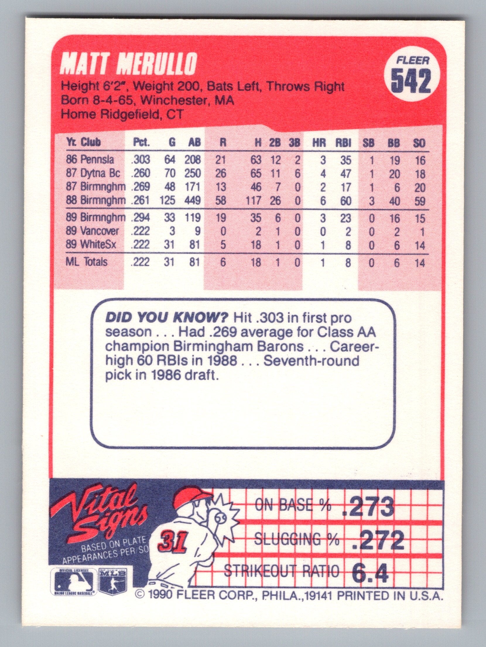 1990 Fleer #542 Matt Merullo