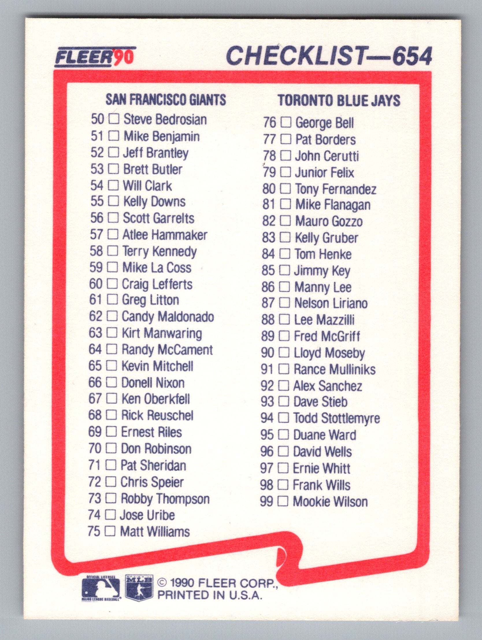 1990 Fleer #654 Checklist: Athletics / Cubs / Giants / Blue Jays