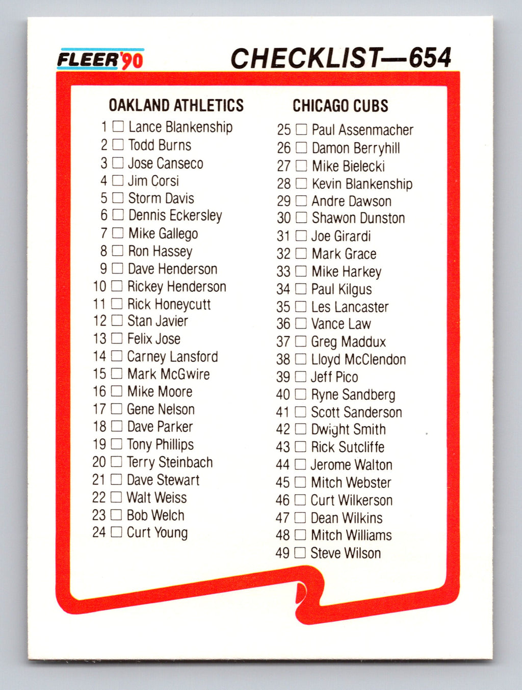 1990 Fleer #654 Checklist: Athletics / Cubs / Giants / Blue Jays