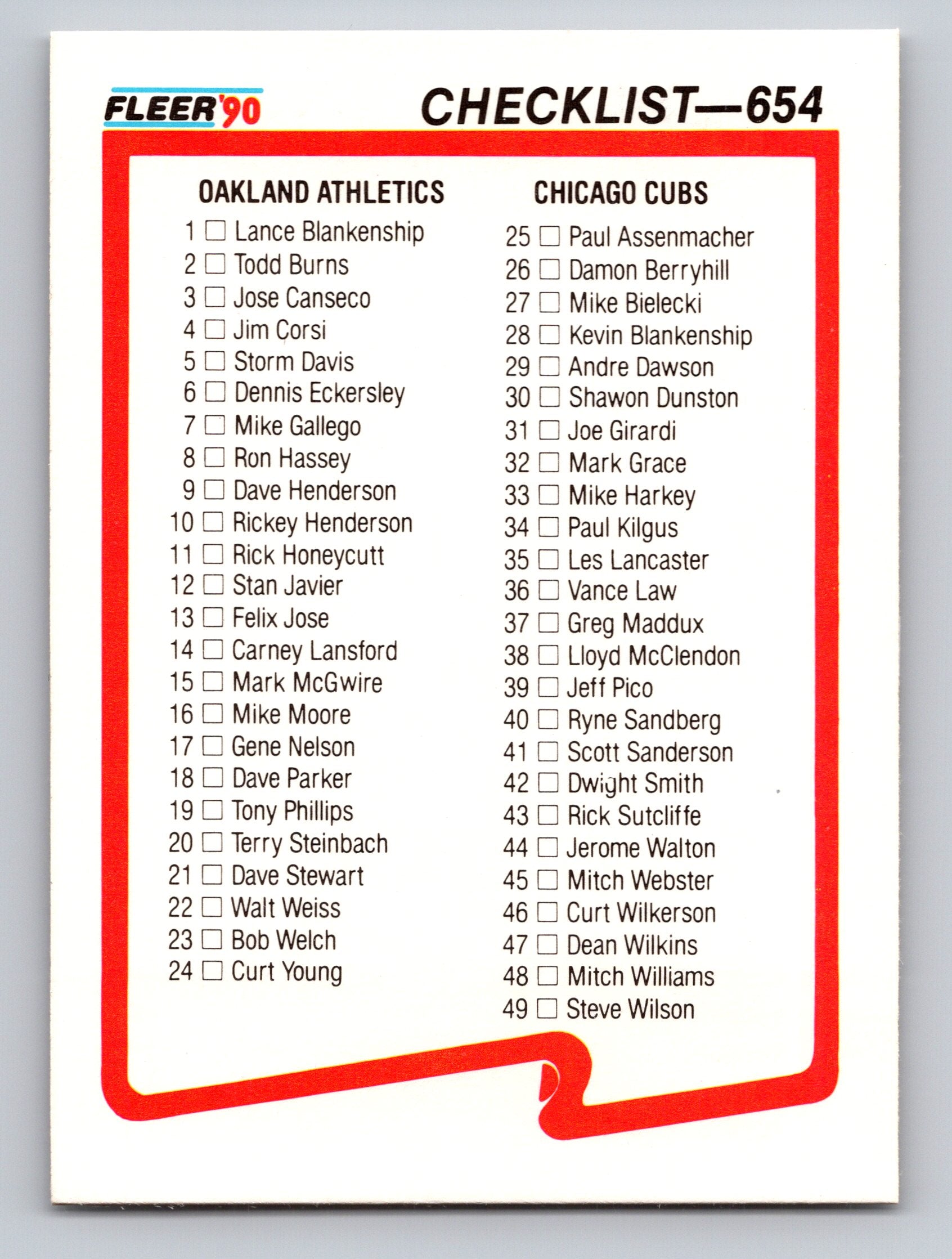 1990 Fleer #654 Checklist: Athletics / Cubs / Giants / Blue Jays