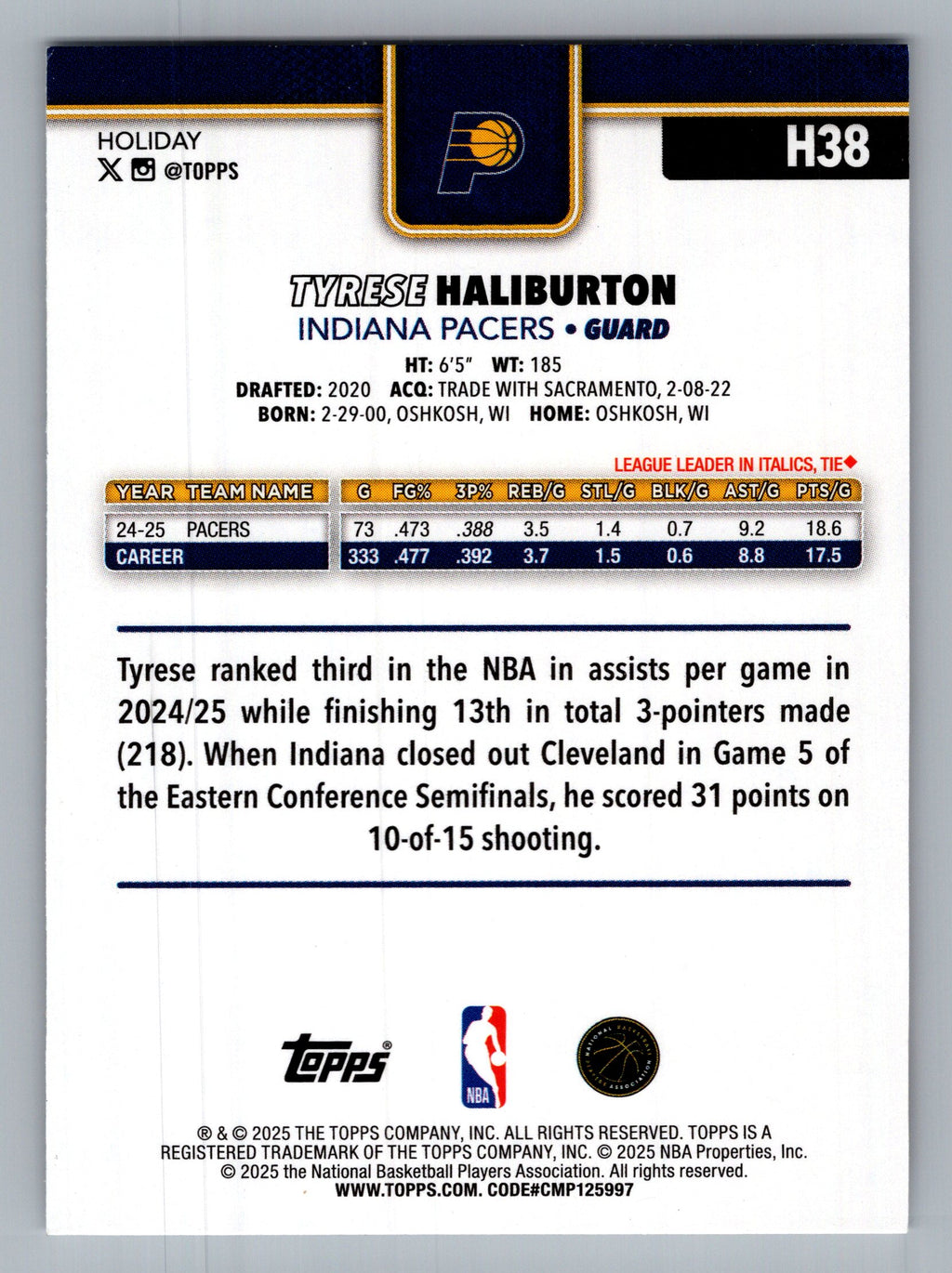 2025-26 Topps Holiday #H38 Tyrese Haliburton