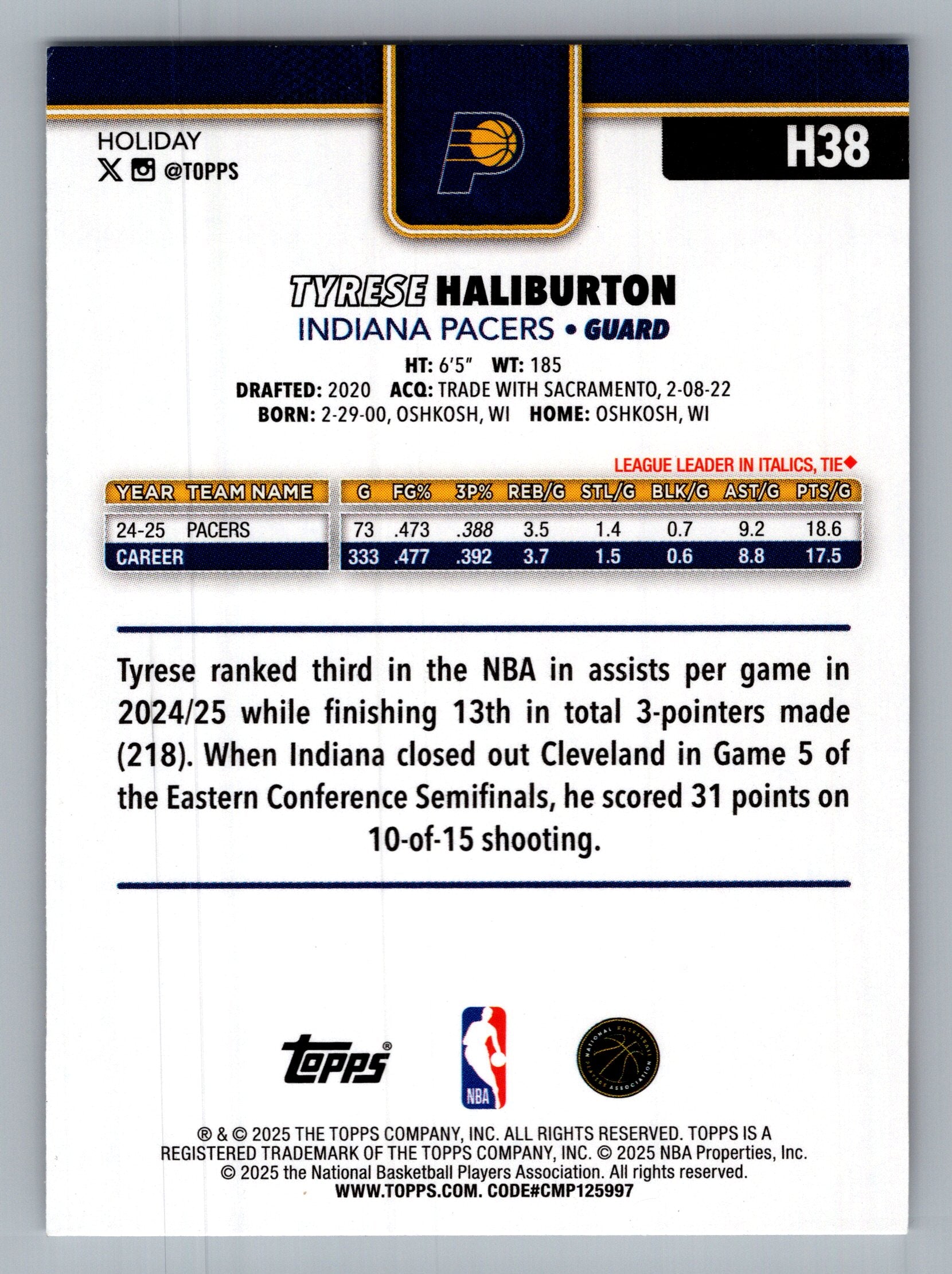 2025-26 Topps Holiday #H38 Tyrese Haliburton