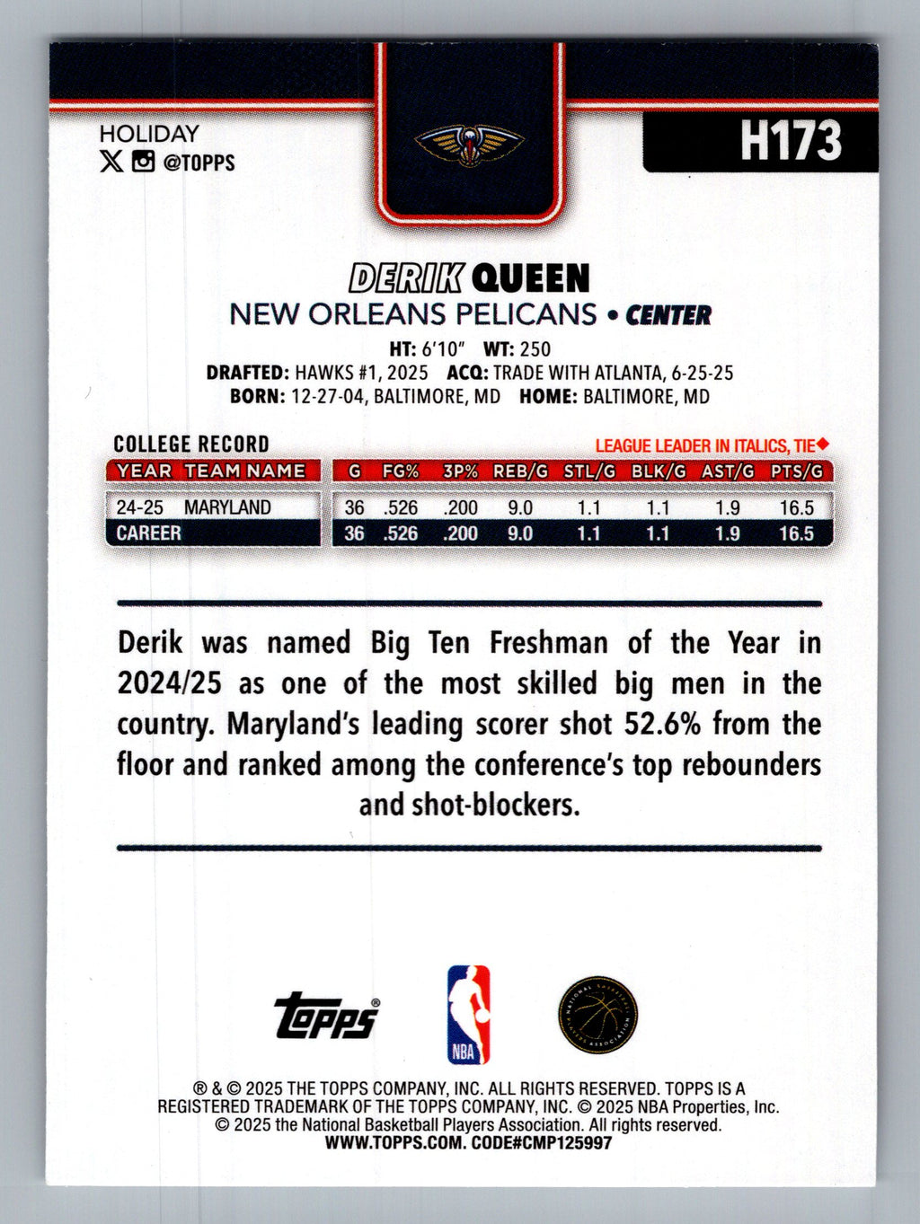 2025-26 Topps Holiday #H173 Derik Queen