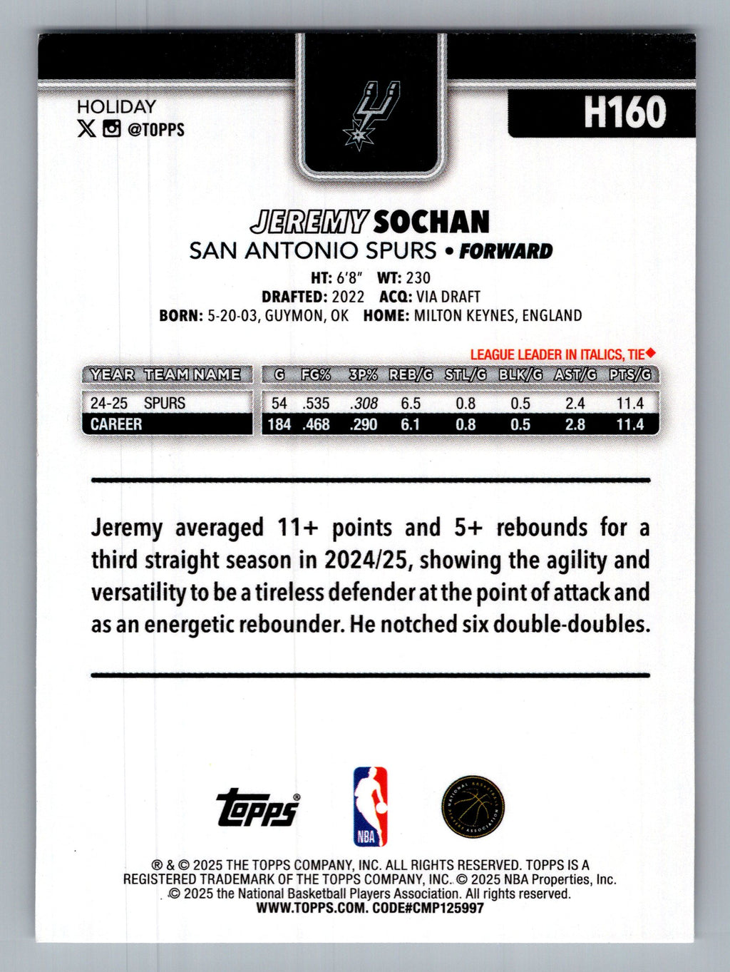 2025-26 Topps Holiday #H160 Jeremy Sochan
