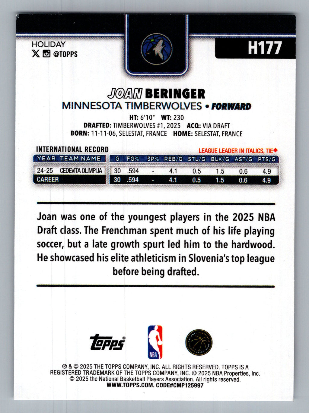 2025-26 Topps Holiday #H177 Joan Beringer