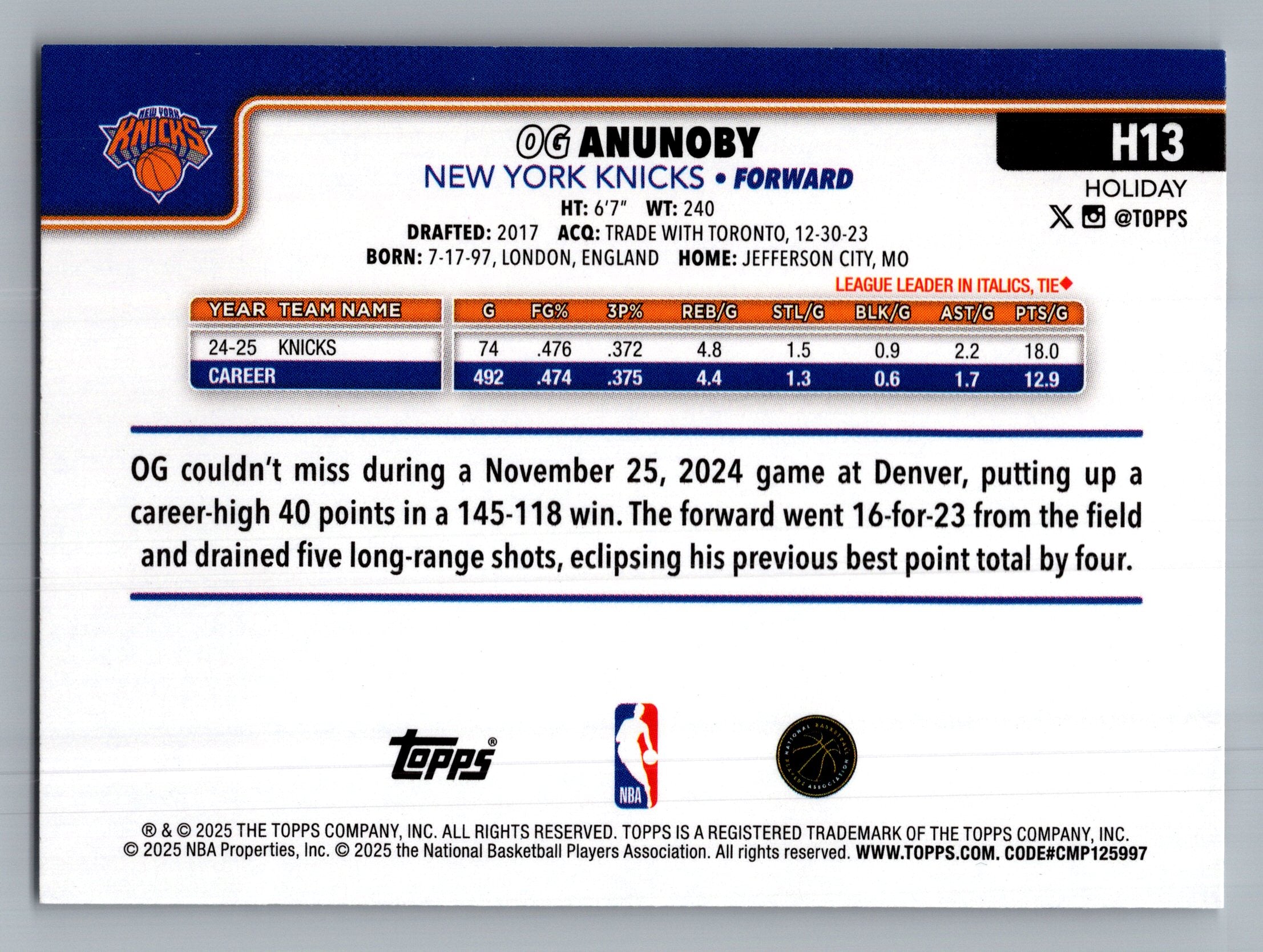 2025-26 Topps Holiday #H13 OG Anunoby