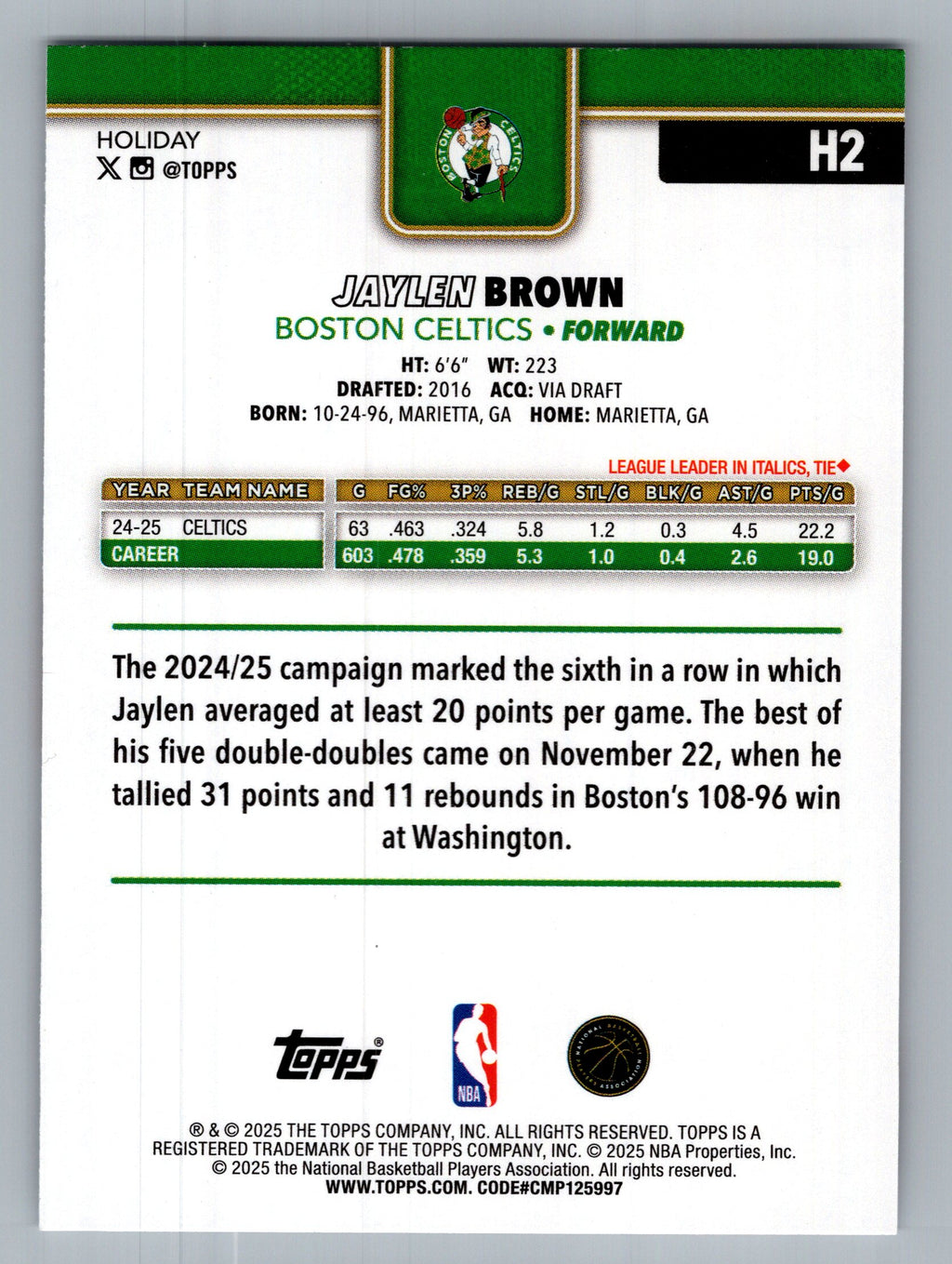 2025-26 Topps Holiday #H2 Jaylen Brown