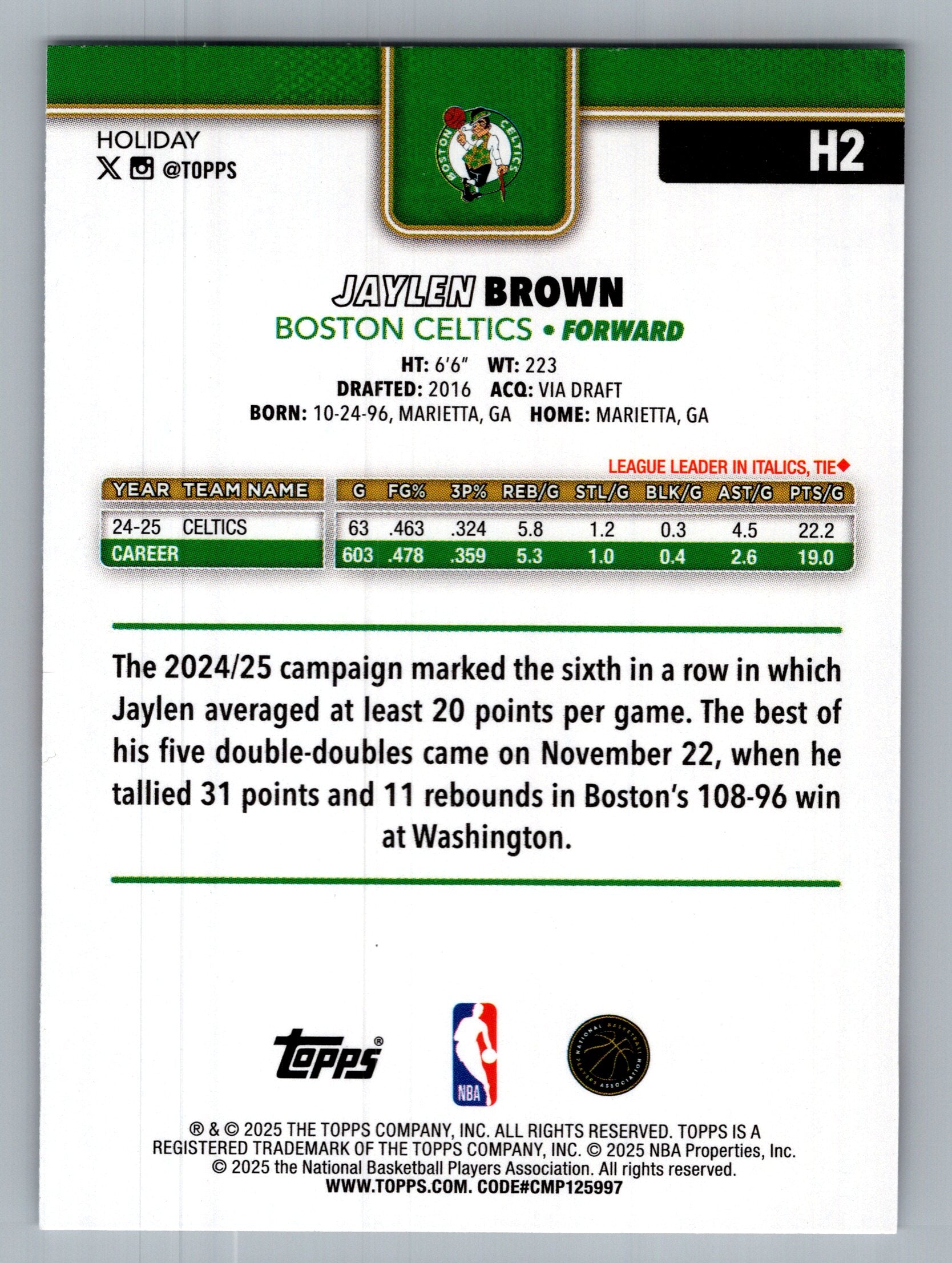 2025-26 Topps Holiday #H2 Jaylen Brown