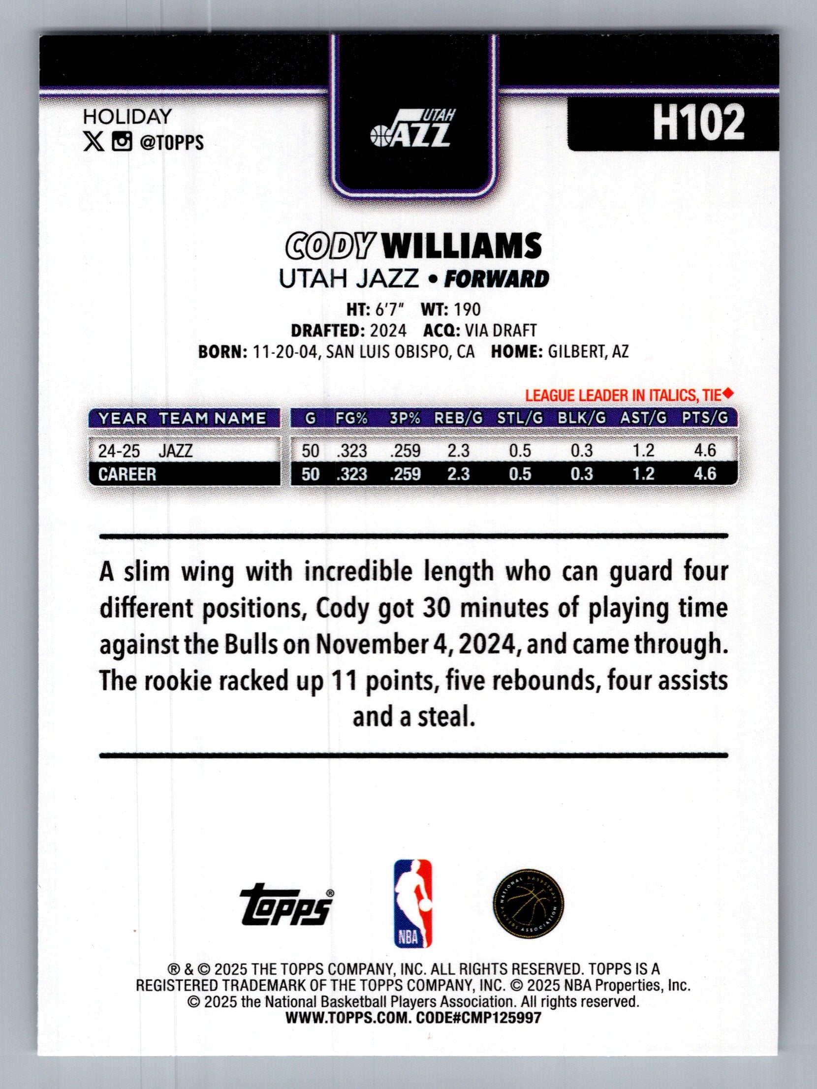 2025-26 Topps Holiday #H102 Cody Williams