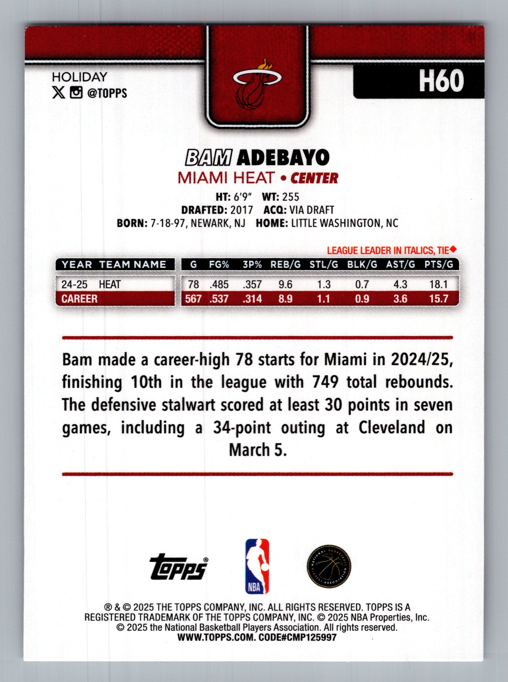 2025-26 Topps Holiday #H60 Bam Adebayo