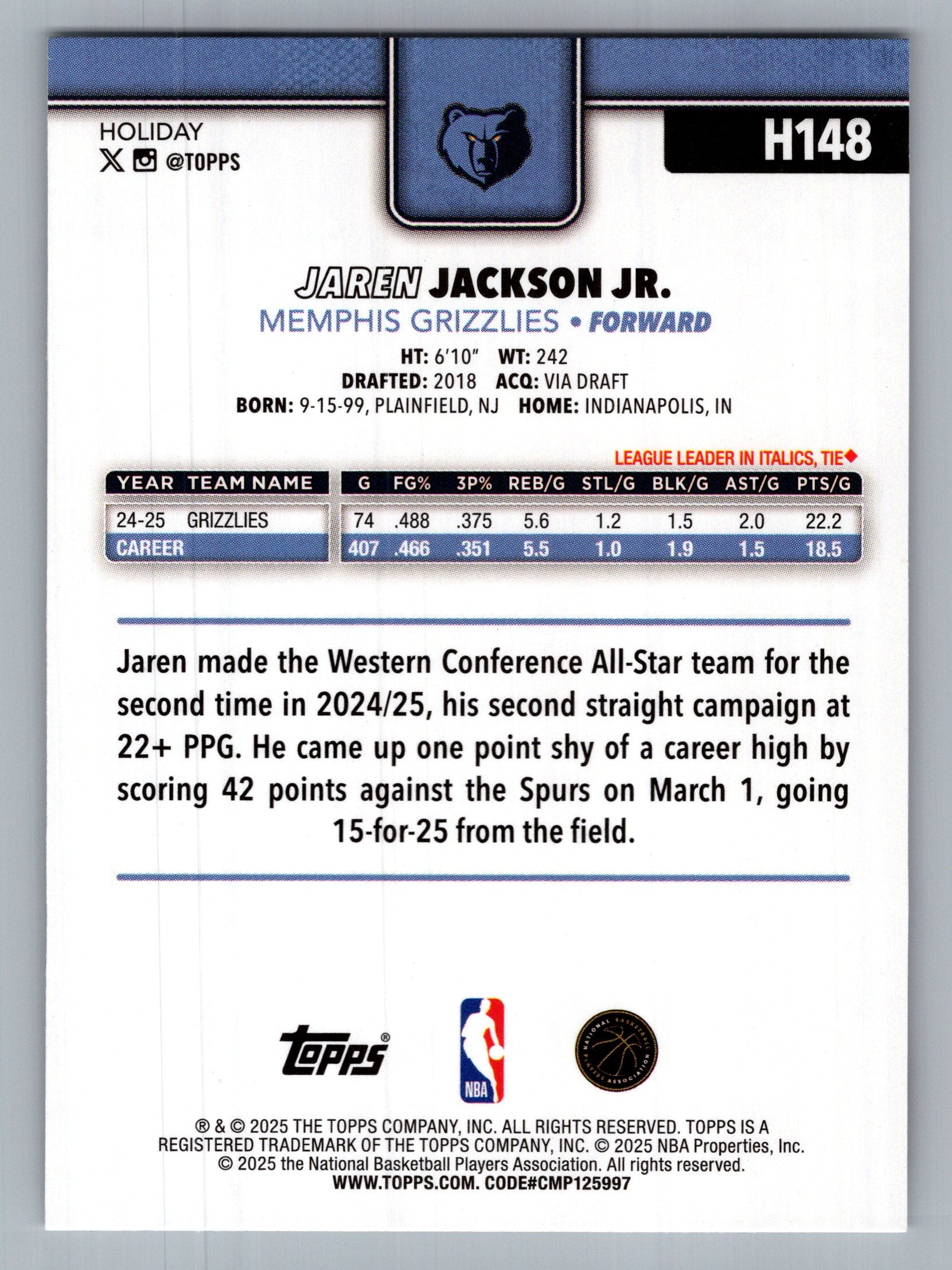 2025-26 Topps Holiday #H148 Jaren Jackson Jr.