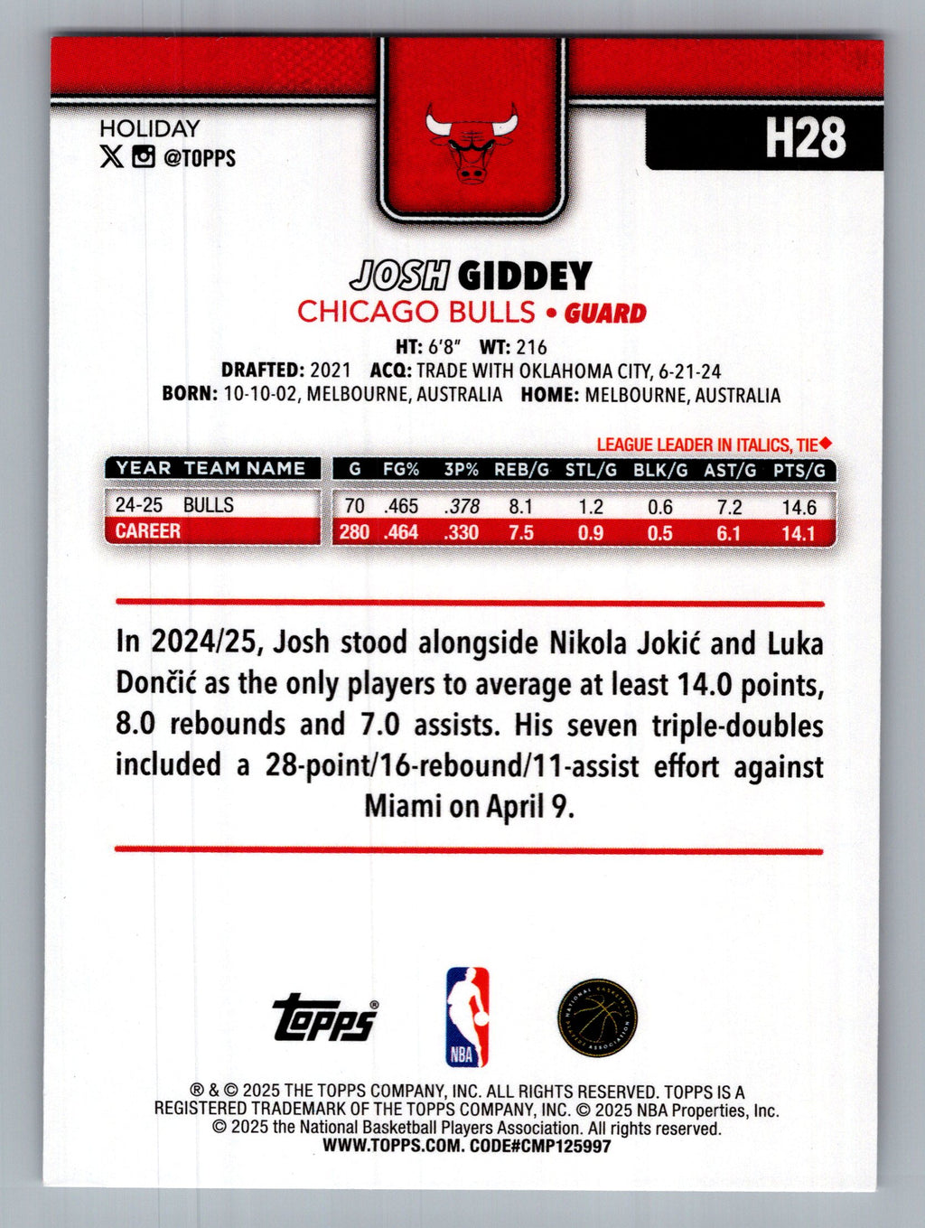 2025-26 Topps Holiday #H28 Josh Giddey